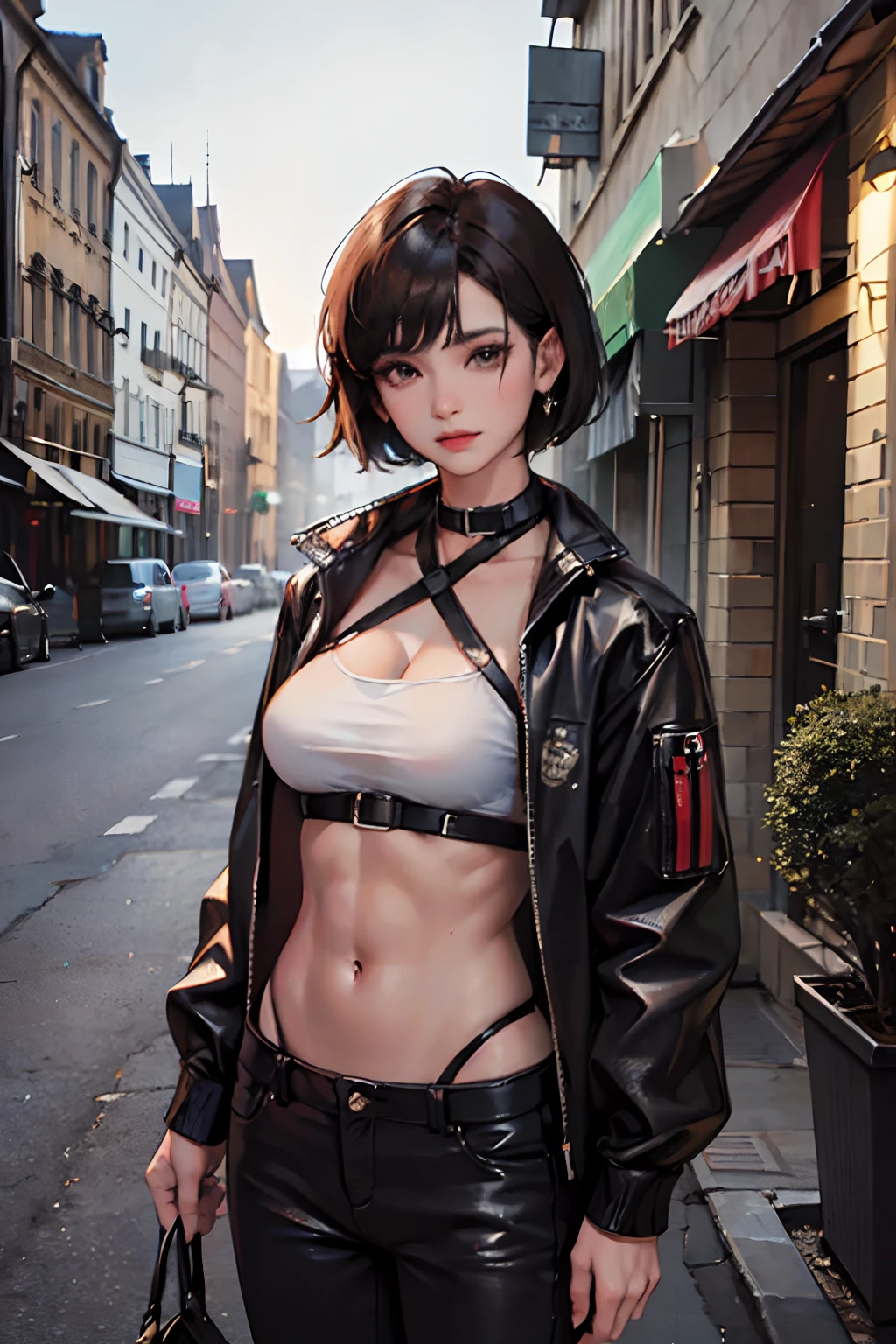 (Masterpiece, high quality, best quality, official art, 1 women, black short hair, handsome face, crop jacket, black short, medium breast, six packs, muscular body