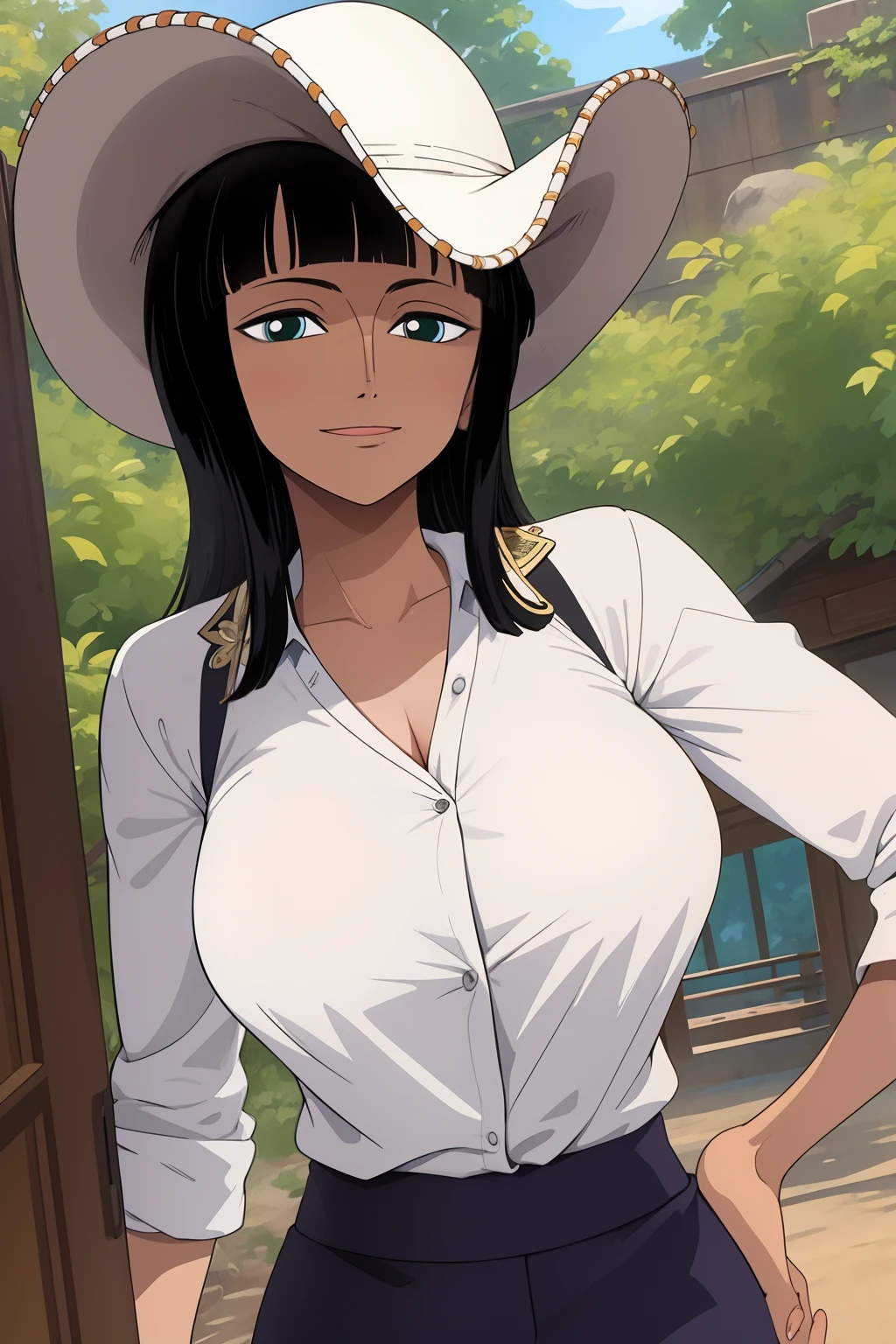 (masterpiece),best quality,Amazing,finely detail.Depth of field,beautiful detailed eyes, nico robin, 1girl,cowboy shot,mature female,happy,light smile,