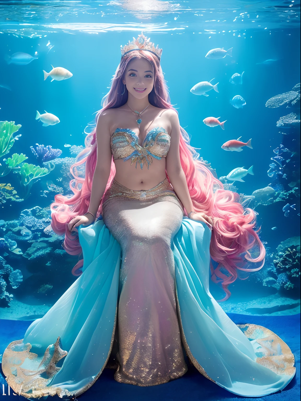 ((Photorealistic Little Mermaid,A detailed face,Faces close,Mermaid tail,Arms are down,Light blue and pink scales encrusted with gold,,Light blue and pink glowing scales,A dark-haired,beautiful scaled tail,Sitting in a fantastic and special bed,Mermaid sitting on bed,Looking at the camera,Big smile,Shot from up close,Also photographed tail)),(((((The wall of the room is a water tank.,Arched walls,There are two water tanks.,Room surrounded by an aquarium,Everything on the wall is a water tank,Large aquarium,Fish swim in an aquarium,Sewage tank.,The floor is a huge aquarium,The wall is a huge aquarium,Complex and fine aquarium delineation,Detailed depiction of the aquarium,Richly decorated aquarium,aquariums,Beautiful fish swim in an aquarium))))),(((A space based on emerald blue, Her room is richly decorated,Lots of beautiful corals and shells in the room,Wonderful decorative bed))),(White teeth,Perfect gas chamber,A big smile staring at the camera,Mermaid tail,japanes,waved hair),((with an intricate, Finely shining scales,Full Body Jewelry Decoration,The Most Gorgeous Princess Costume,The most gorgeous decoration,Intricate jewels all over her body,de pele branca,fair glowing skin,Detailed her face,Glowing scales,Very finely drawn scales,Giant Tiara,)),((Crisp and detailed background,The whole room is fantastically decorated,Everything is a fantastic and glittering background,)),((Top image quality,8K,Photos taken with a single-lens reflex camera))