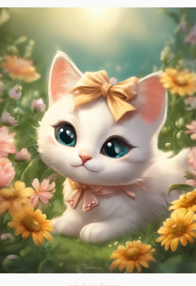 A drawing of a cute chibi style baby cat with a bow surrounded by beautiful flowers in a meadow, Concept art with 8K resolution in [Estilo-Sylvamagic],( detalhes intrincados:1.2), olhos bonitos, luz solar, (alta qualidade:1.2), trending in artstation, 8k, absurdos, (fechar para cima:1.1), Estilo-NebMagic,