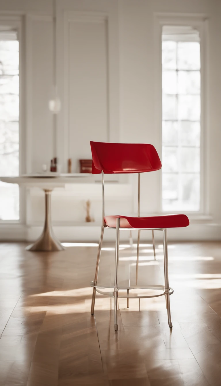 A white room with minimalist décor accessories in beige and red colors, A red modern chair with stainless steel legs and a modern lampshade that has its support base on the light wood floor and rises almost to the ceiling in a stainless steel aste, iluminando a cadeira.