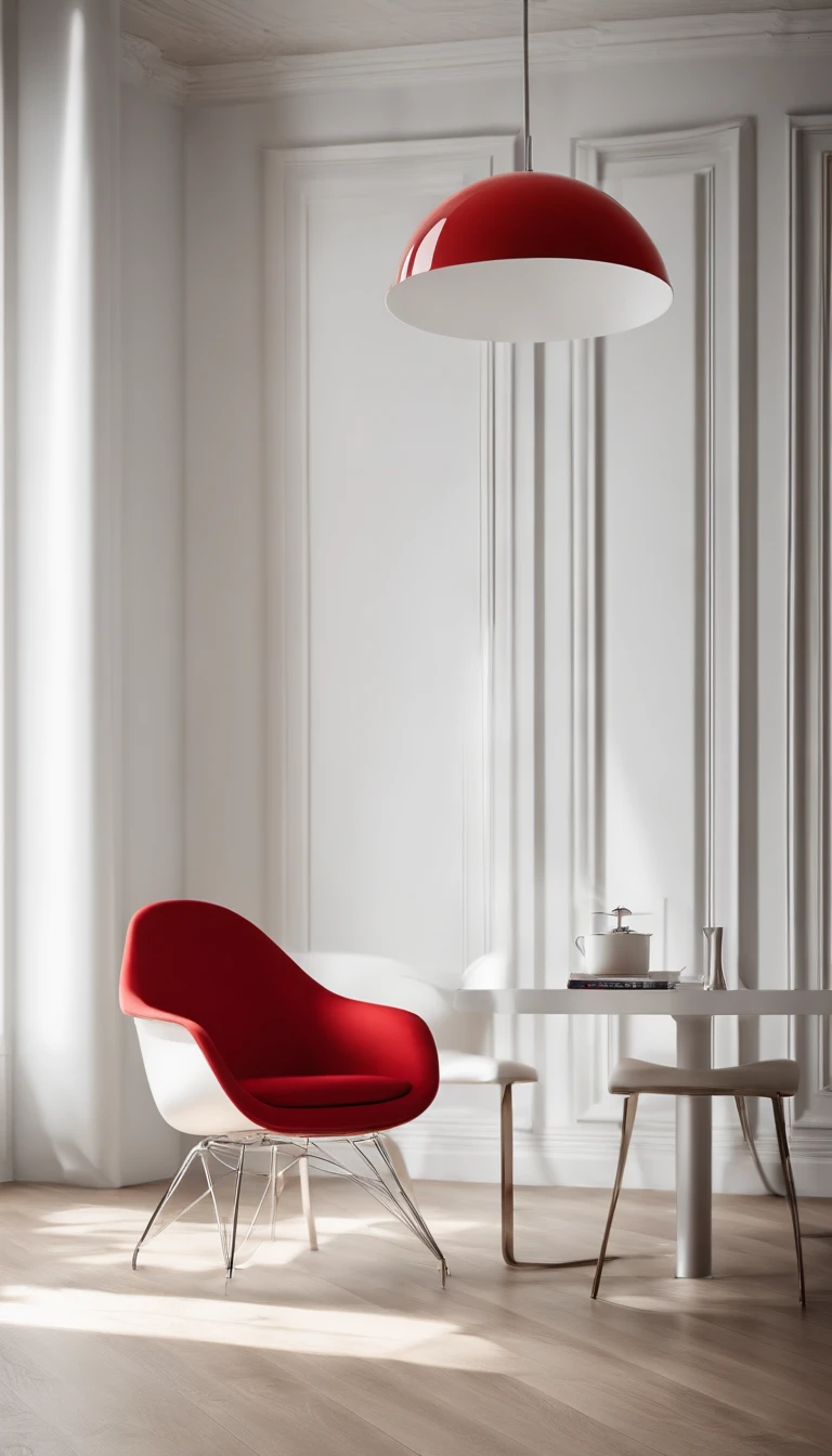 A white room with minimalist décor accessories in beige and red colors, A red modern chair with stainless steel legs and a modern lampshade that has its support base on the light wood floor and rises almost to the ceiling in a stainless steel aste, iluminando a cadeira.