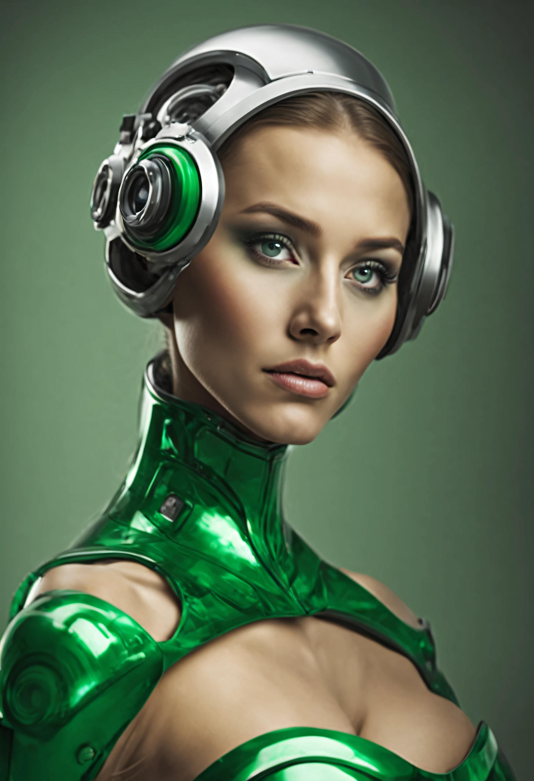 mujer alienigena extraterrestre de gran cabeza redonda sin pelos, con ojos supergrandes con el iris de color verde brillante, cara bellisina y vistoso y tecnologico traje ajustado y cuerpo espectacular, (se encuentra en centro de control de una estacion espacial).
