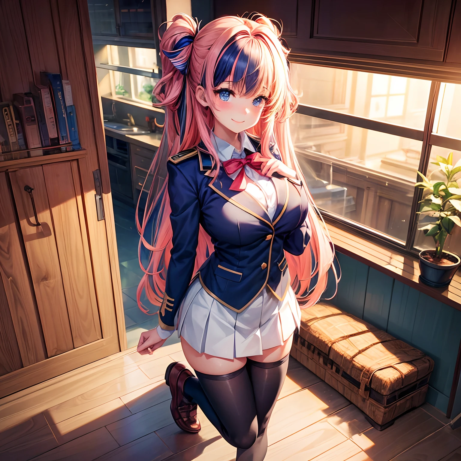 a beauty girl,Ribbon on uniform,Cute Blazer,A smile,girl,anime a girl,top-quality,Colossal tits,Multicolored hair,masterpiece,Excellent style,long,Long,Erotic Cute,超A high resolution,beautiful a girl,Lovely girl,Loose socks,Perfect Beautiful Girl,HD image quality,8K