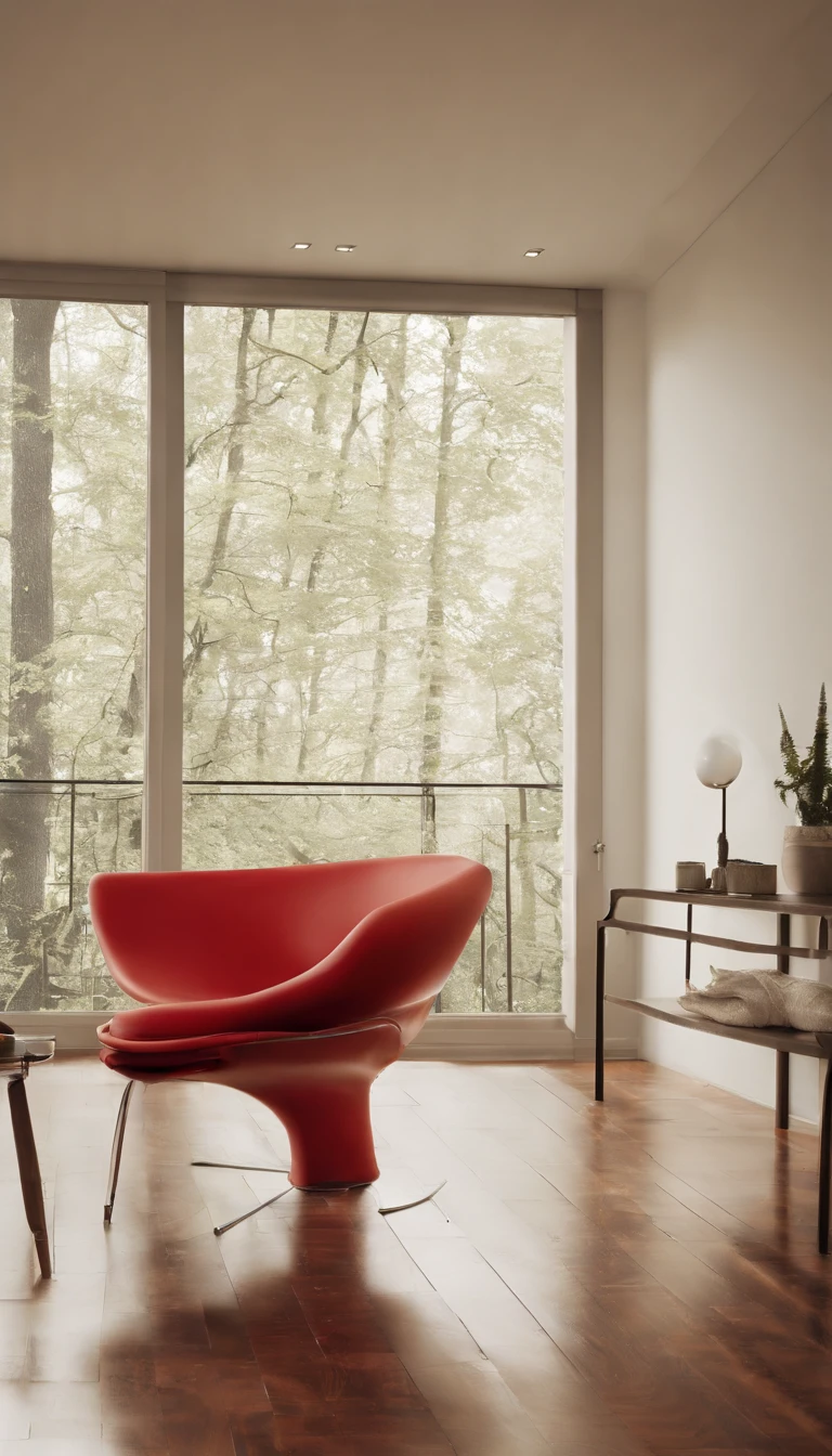 A white room with minimalist décor accessories in beige and red colors, A red modern chair with stainless steel legs and a modern lampshade that has its support base on the light wood floor and rises almost to the ceiling in a stainless steel aste, iluminando a cadeira.
