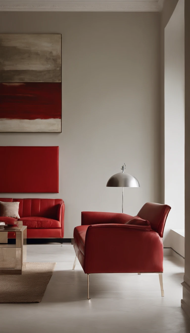 A white room with minimalist décor accessories in beige and red colors, A red modern chair with stainless steel legs and a modern lampshade that has its support base on the light wood floor and rises almost to the ceiling in a stainless steel aste, iluminando a cadeira.