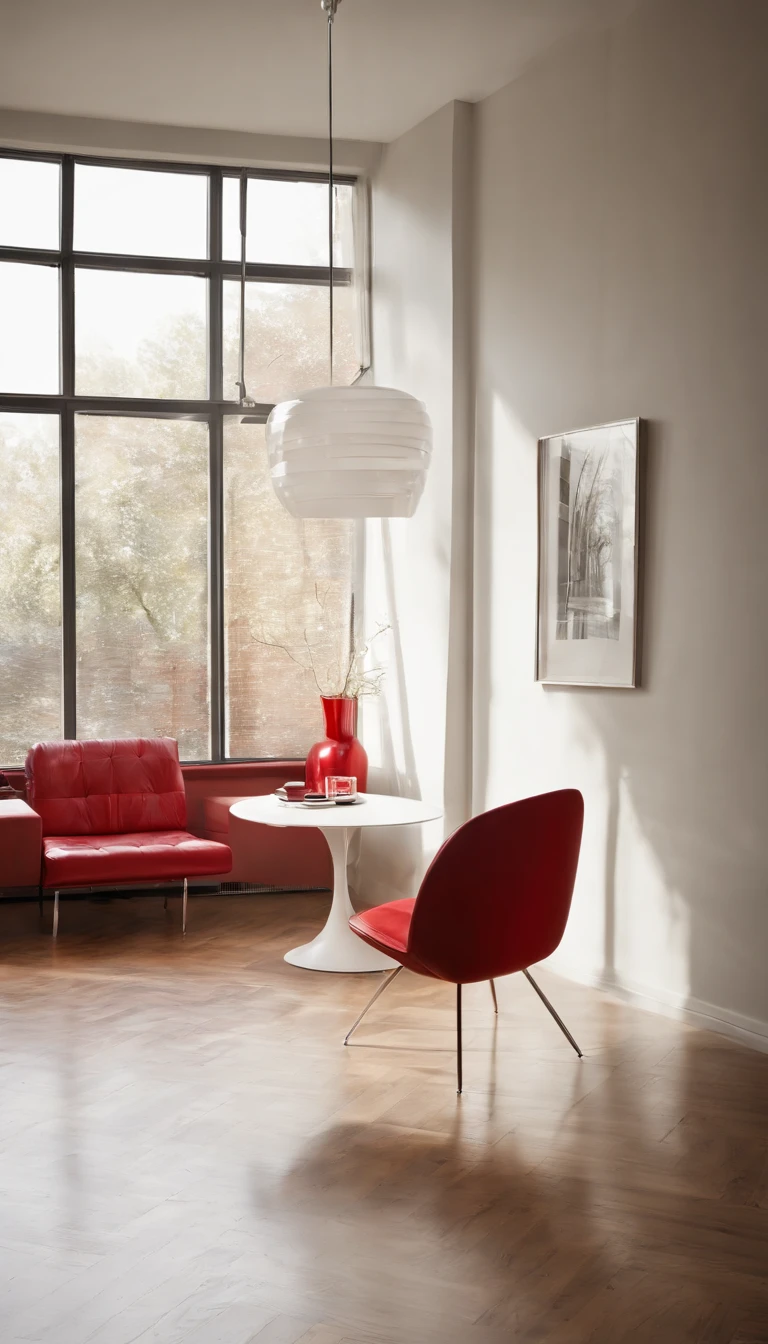 A white room with minimalist décor accessories in beige and red colors, A red modern chair with stainless steel legs and a modern lampshade that has its support base on the light wood floor and rises almost to the ceiling in a stainless steel aste, iluminando a cadeira.