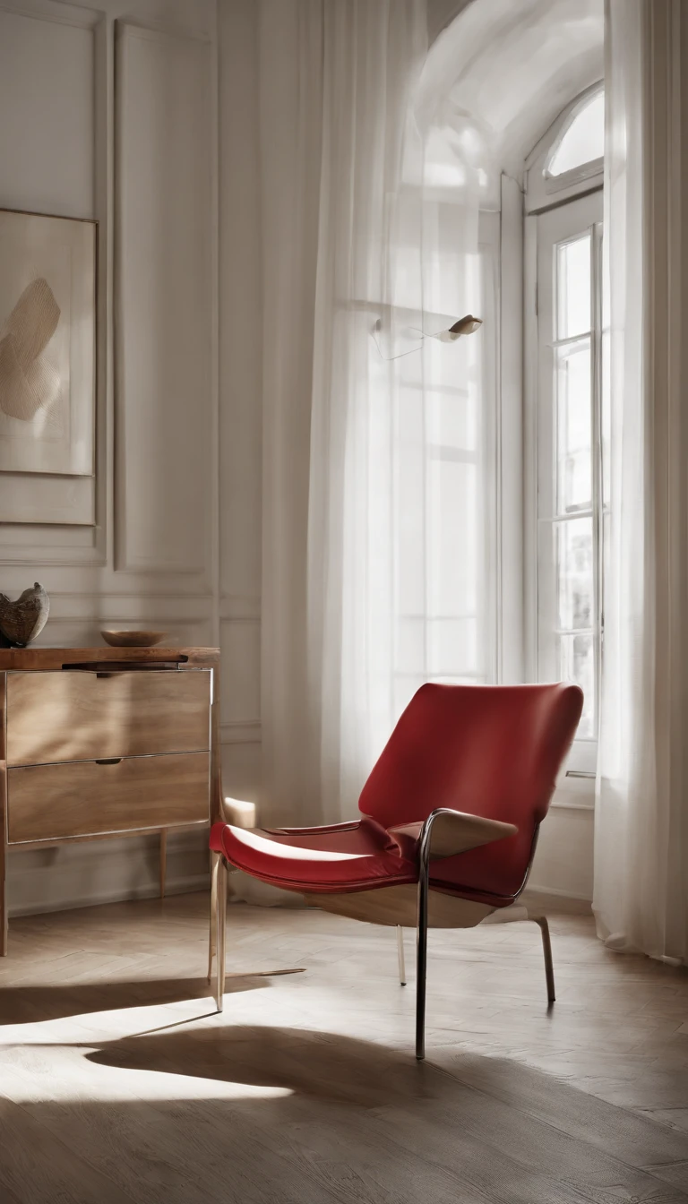 A white room with minimalist décor accessories in beige and red colors, A red modern chair with stainless steel legs and a modern lampshade that has its support base on the light wood floor and rises almost to the ceiling in a stainless steel aste, iluminando a cadeira.