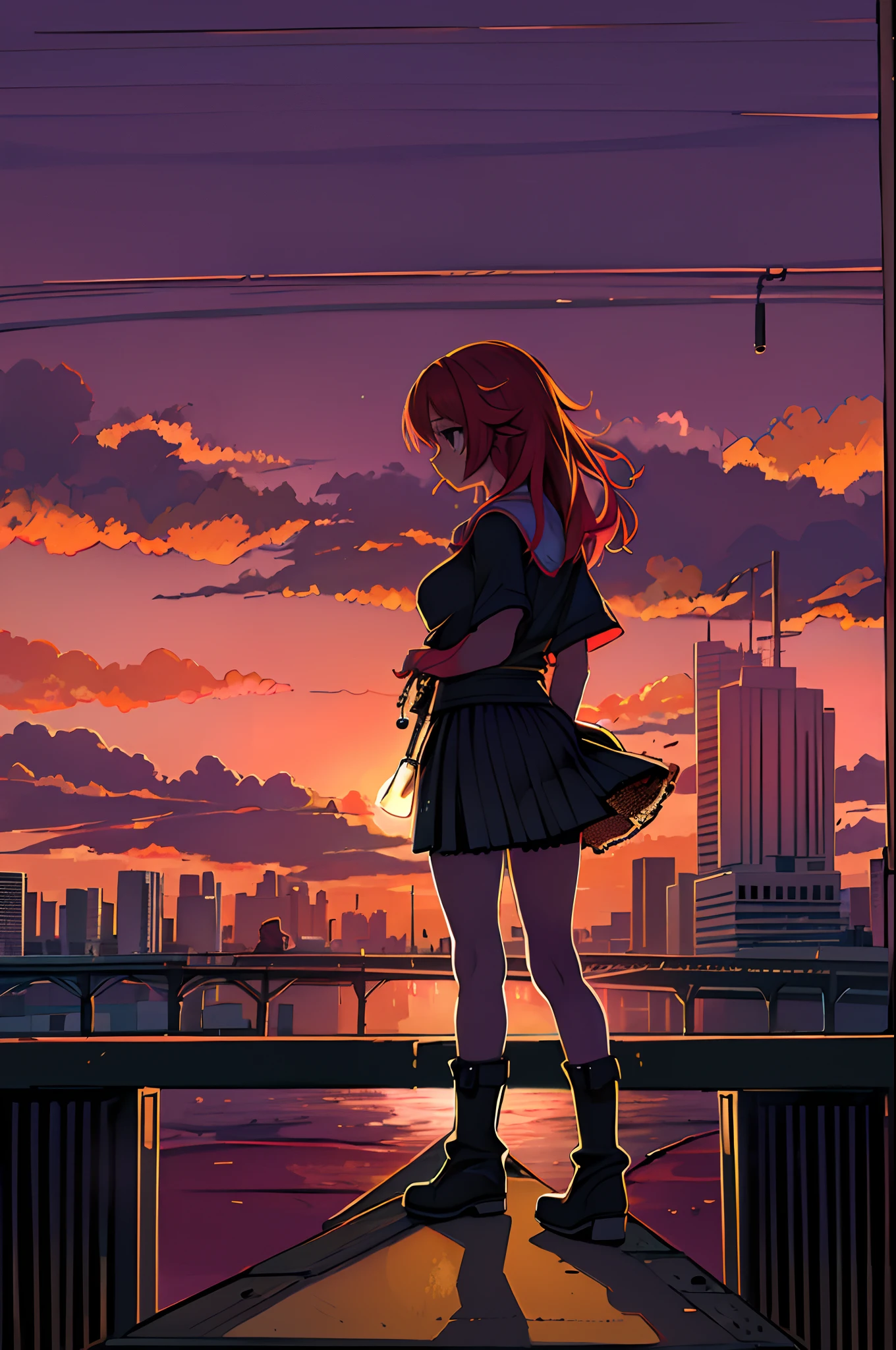 ((Best Illustration)) Brazilian girls, Red hair, Teenage body, Black top, Black tight skirt, black boots, Urban landscape, building, sky line, Sunset, Silhouette against the background of clouds, Contemplative.