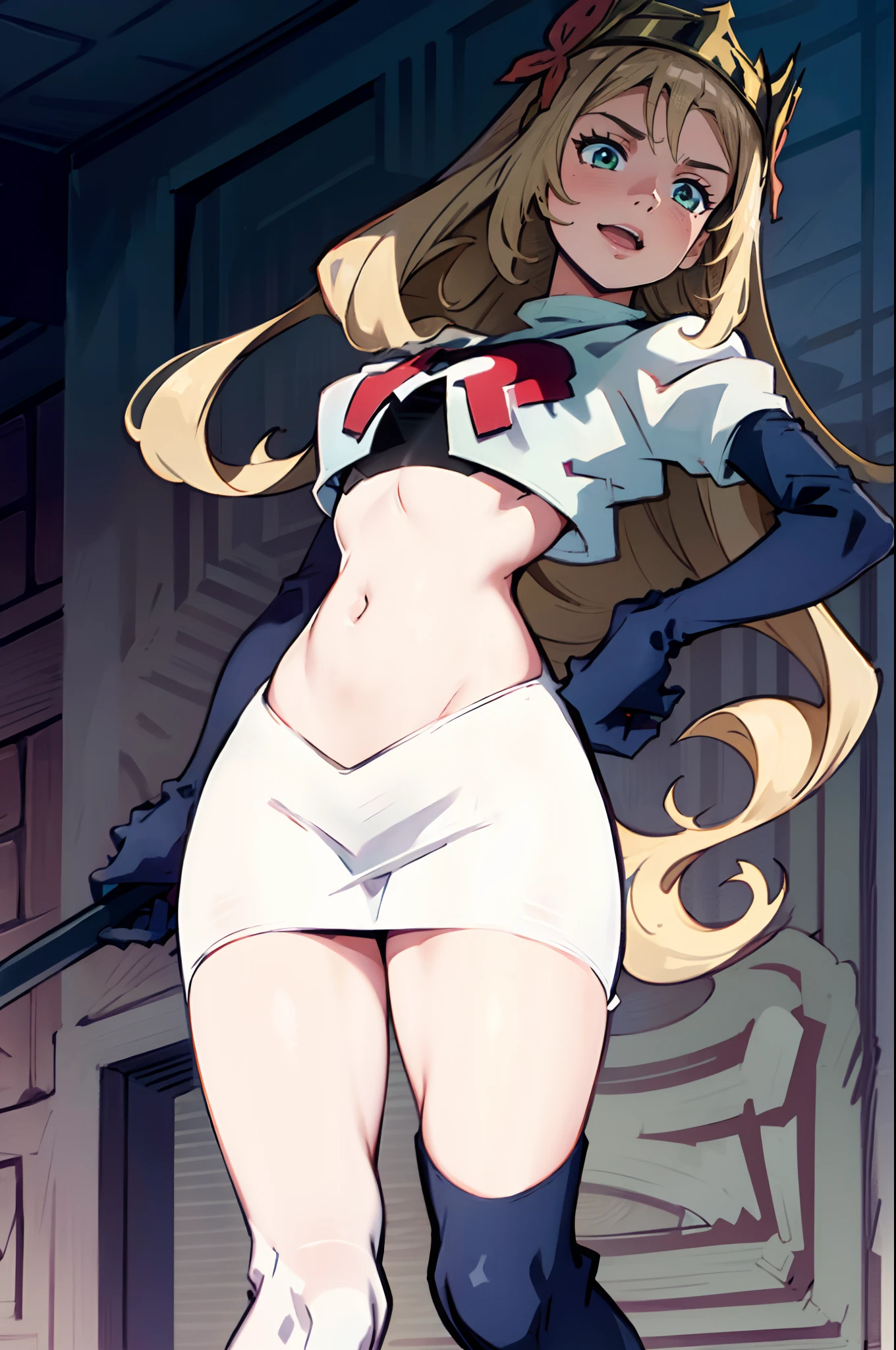 face of celinefe, celinecrown, team rocket, team rocket uniform, red letter R, white skirt,white crop top,black thigh-highs,black elbow gloves, evil laugh, hand covering mouth, looking down on viewer