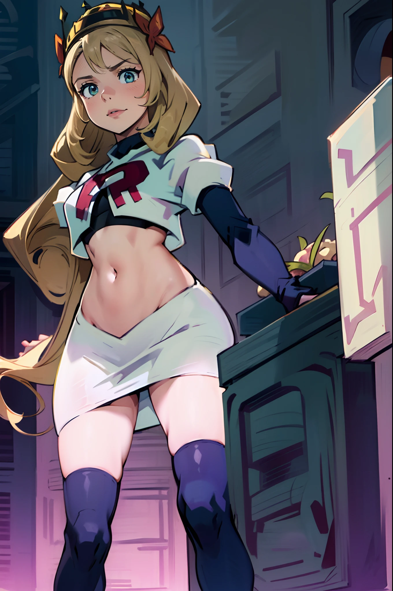 (best quality, high-res, ultra-detailed), portraits, face of Celinefe, Celinecrown, Team Rocket, Team Rocket uniform, red letter R, beautiful detailed eyes, beautiful detailed lips, evil laugh, hand covering mouth, looking down on viewer, white skirt, white crop top, black thigh-highs, black elbow gloves, intense expression, confident posture, dark background, dramatic lighting