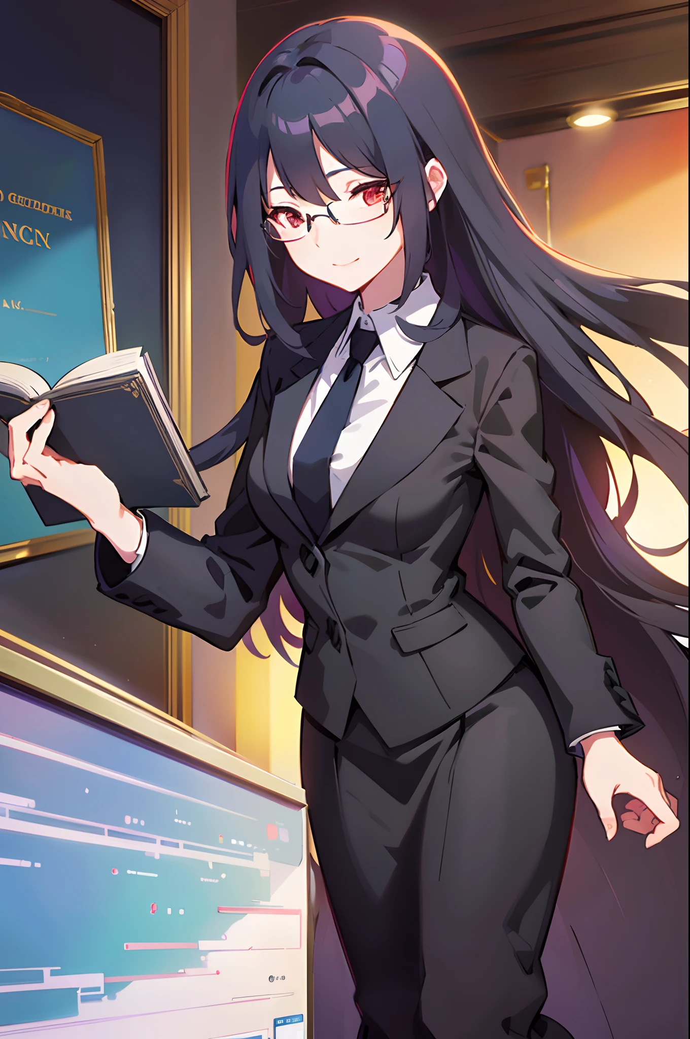 animesque、top-quality、hight resolution、Standing picture、a beauty girl、femal、Wearing glasses、Long shiny and detailed black hair、Detailed black suit、neck tie、skirt by the、Have a magic book、Red eyes with cartoon-like details、Elegant、Gorgeous、elegent、A sexy、goodlooking、Gentle smile、