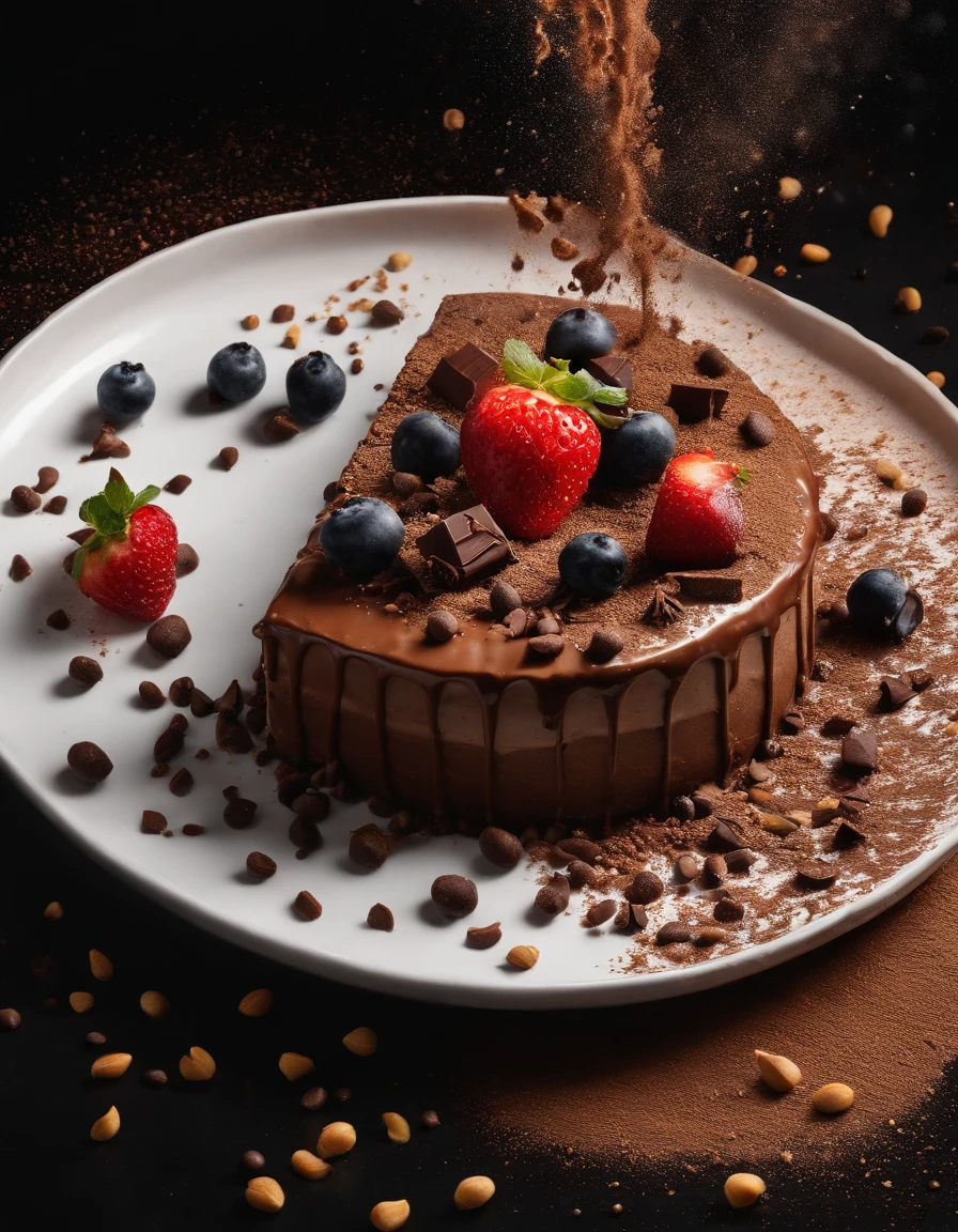 a cheseecake art with fruit and chocolate falling down of it on a black background with cocoa powder sprinkles, trending on artstation, sharp focus, dynamic studio photo lighting, dynamic composition, dynamic angle intricate details, highly detailed, by greg rutkowski