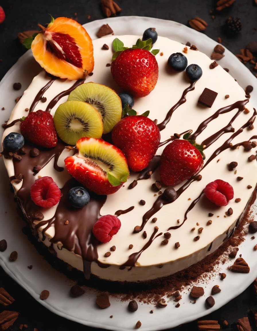 a cheseecake art with fruit and chocolate falling down of it on a black background with cocoa powder sprinkles, trending on artstation, sharp focus, dynamic studio photo lighting, dynamic composition, dynamic angle intricate details, highly detailed, by greg rutkowski