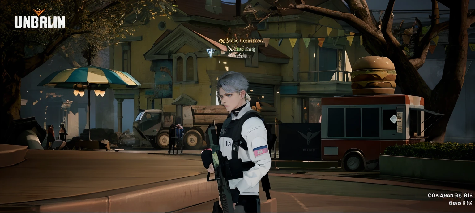 1 boy, Perfect male body, Eyes look at the camera,(White hair, Wear tactical gear, AK47 in hand, Cold face, Tall body, Detailed face, Detailed eyes), Collapsed cities, Smoke and fog , Collapsed building, broken streets,
