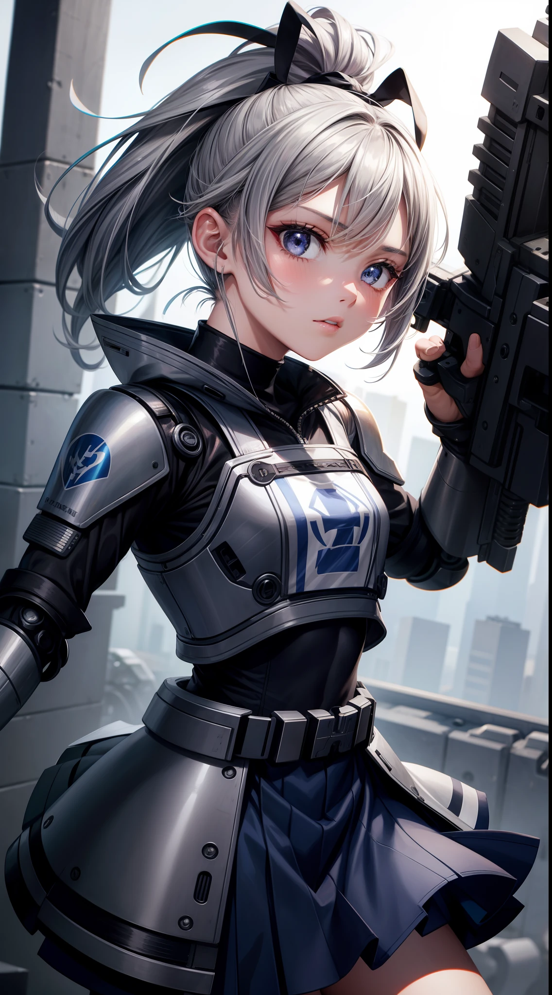 young girl, short gray hair, high ponytail, gray eyes, blue battle shirt, skirt, robot behind, guns, Masterpiece, hiquality, 4k, HD, Good detail