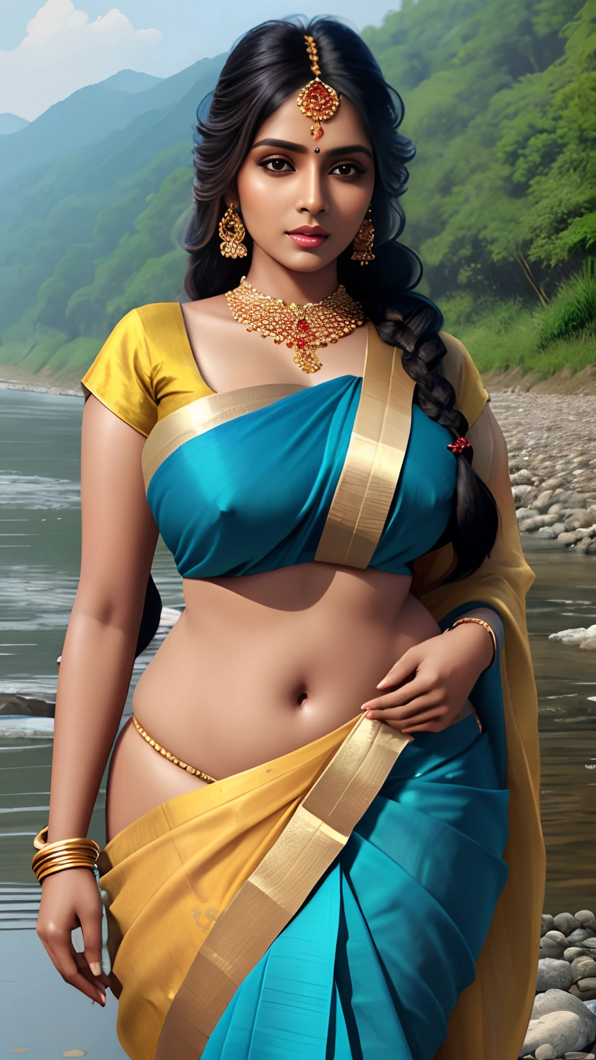 Beautiful indian woman, portrait, wearing saree, detailed face, cute, big eyes, iconic, photorealistic, village river side, detailed background, big breasts,  minimal clothing, wet body, long braid hair, curvy body, symmetric face, masterpiece, 8k, ultra realistic