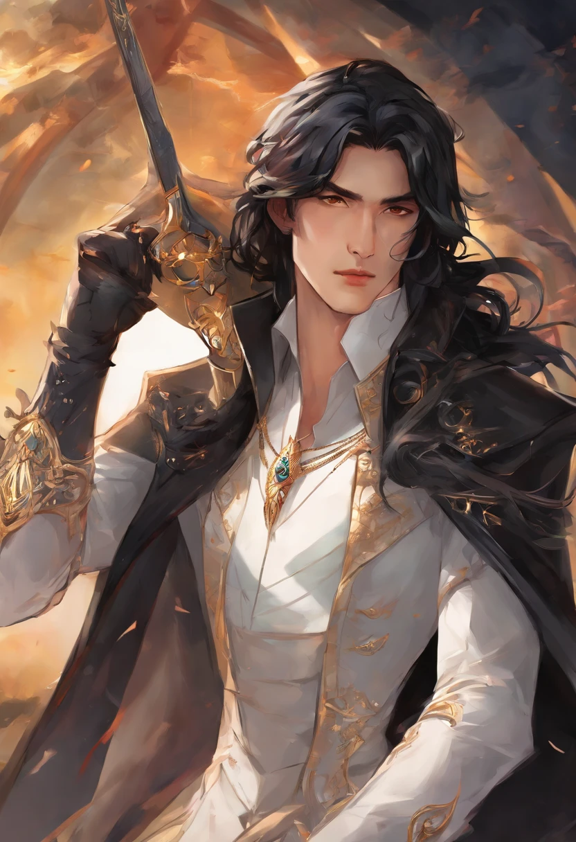 Masterpiece, man in his 20s, with a well-built body, wearing a white shirt combined with a double-breasted black leather vest and a long black coat. He has a handsome face, sharp black eyes, neatly combed back black hair, well-proportioned face, cold expression, 190cm tall, wearing black gloves. Perfect ???????, perfect face, perfect hands, very detailed eye drawing with background painting in WLOP drawing style, WLOP drawing, WLOP painting, perfect painting art style.