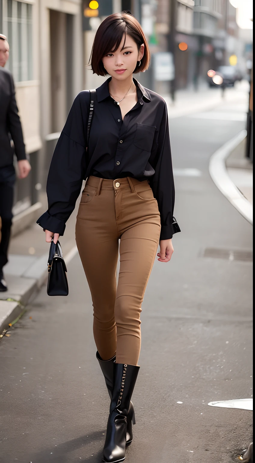 Japanese woman, full body photo, wearing a suede shirt with short chest length, short hair, light brown hair color, height 165cm, beautiful legs, small butt, wearing slim jeans... Wearing long boots and walking with a smile She is a beautiful woman wearing brown pants, with a bare chest and fashionable earrings, showing everything from head to toe. This is a real photo