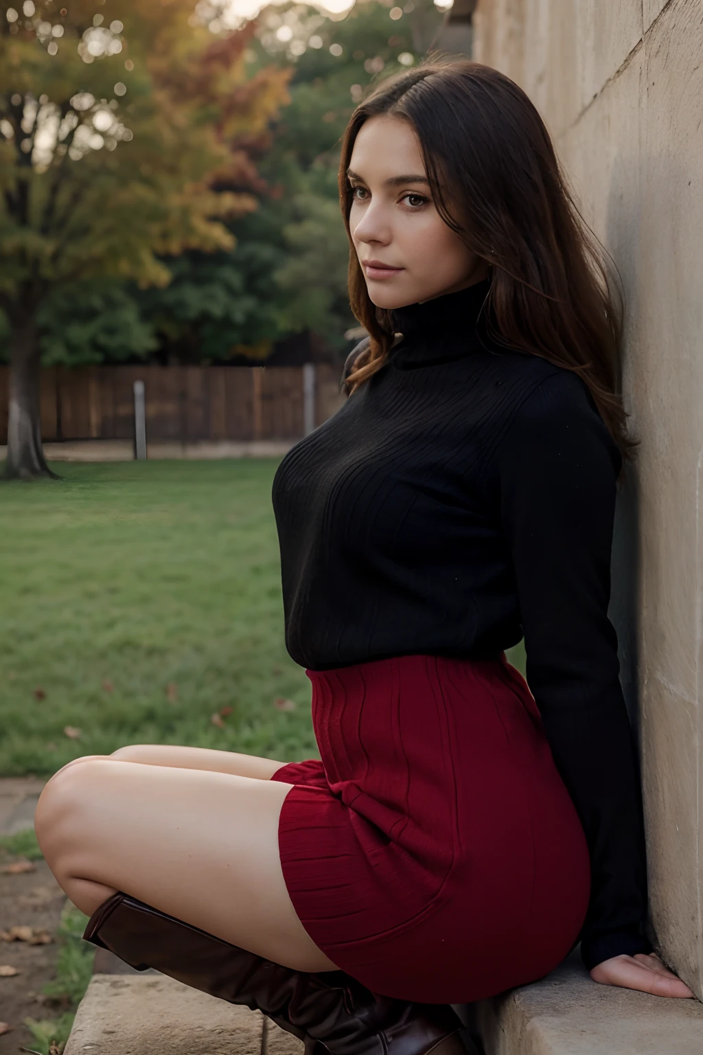 araffe woman sitting on a fence in a red sweater and black boots, 34 year old woman, wearing a red turtleneck sweater, perfectly poised, casual pose, wearing a red outfit, attractive pose, shot from the side, thoughtful pose, full length shot, striking pose, cinematic full shot, very artistic pose, voluminous sleeves, cool pose, leaning against the wall, sitting with a singular knee up facing half facing viewer