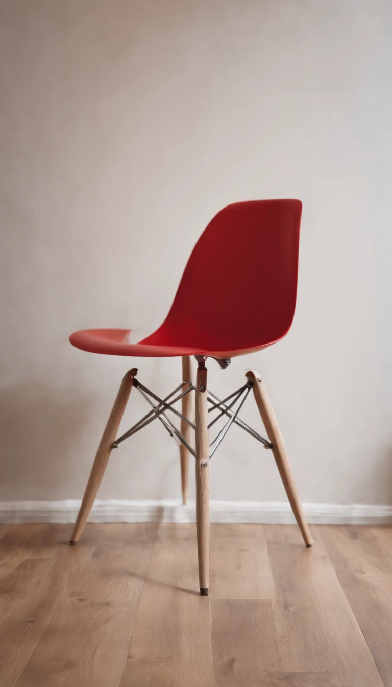 Uma sala branca com as paredes lisas, with minimalist décor accessories in beige and red, A red modern chair with stainless steel legs and a modern lampshade that has its support base on the light wood floor and rises almost to the ceiling in a stainless steel aste, iluminando a cadeira.