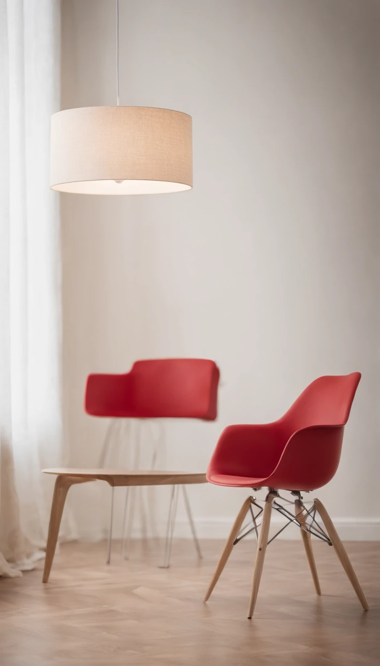 Uma sala branca com as paredes lisas, with minimalist décor accessories in beige and red, A red modern chair with stainless steel legs and a modern lampshade that has its support base on the light wood floor and rises almost to the ceiling in a stainless steel aste, iluminando a cadeira.