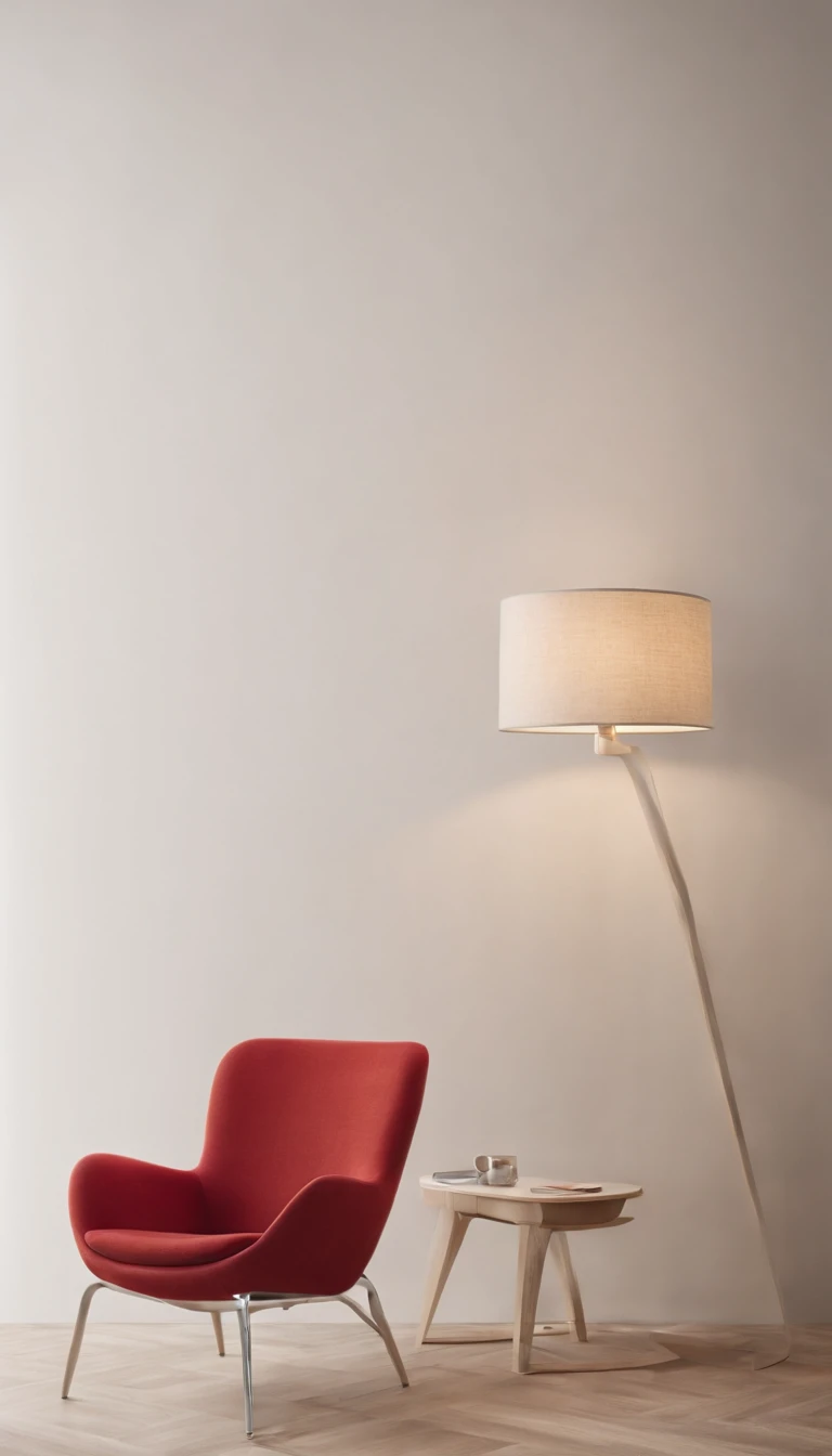Uma sala branca com as paredes lisas, with minimalist décor accessories in beige and red, A red modern chair with stainless steel legs and a modern lampshade that has its support base on the light wood floor and rises almost to the ceiling in a stainless steel aste, iluminando a cadeira.