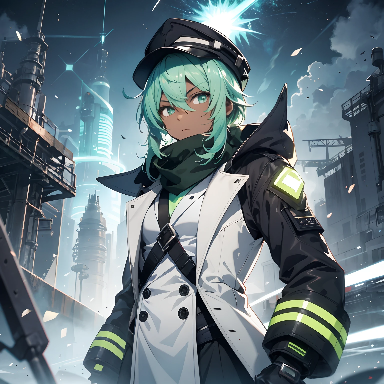 At the weapons testing ground at the empty pier by the sea, a scientist dressed up, a green coat, a white shirt, and a middle-aged man with green hair with an angry expression, a hat and scarf, black and cyan color scheme, upper body avatar, tane skin, glowing black aura, unknown artstyle, cyber universe style, this character has cryokinesis, dark blue skin, pitchblack skin