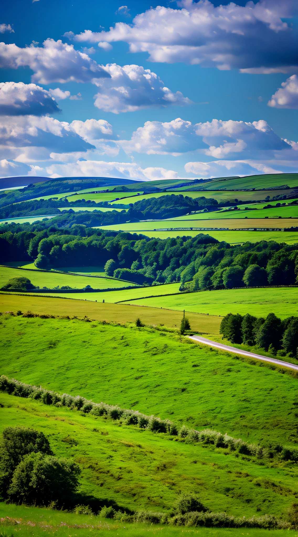 steppe landscape,blues sky and clouds, green forest, Dingdall effect,a country road,Colorful hot air balloons,high quality desktop wallpaper, verdant forest, detailed fields nature, beautiful english countryside, Stunning landscape, Rolling hills, Landscape wallpaper, lush countryside, Patches of green forest, breathtaking landscape, green fields in the background, High quality wallpaper, Beautiful wallpaper