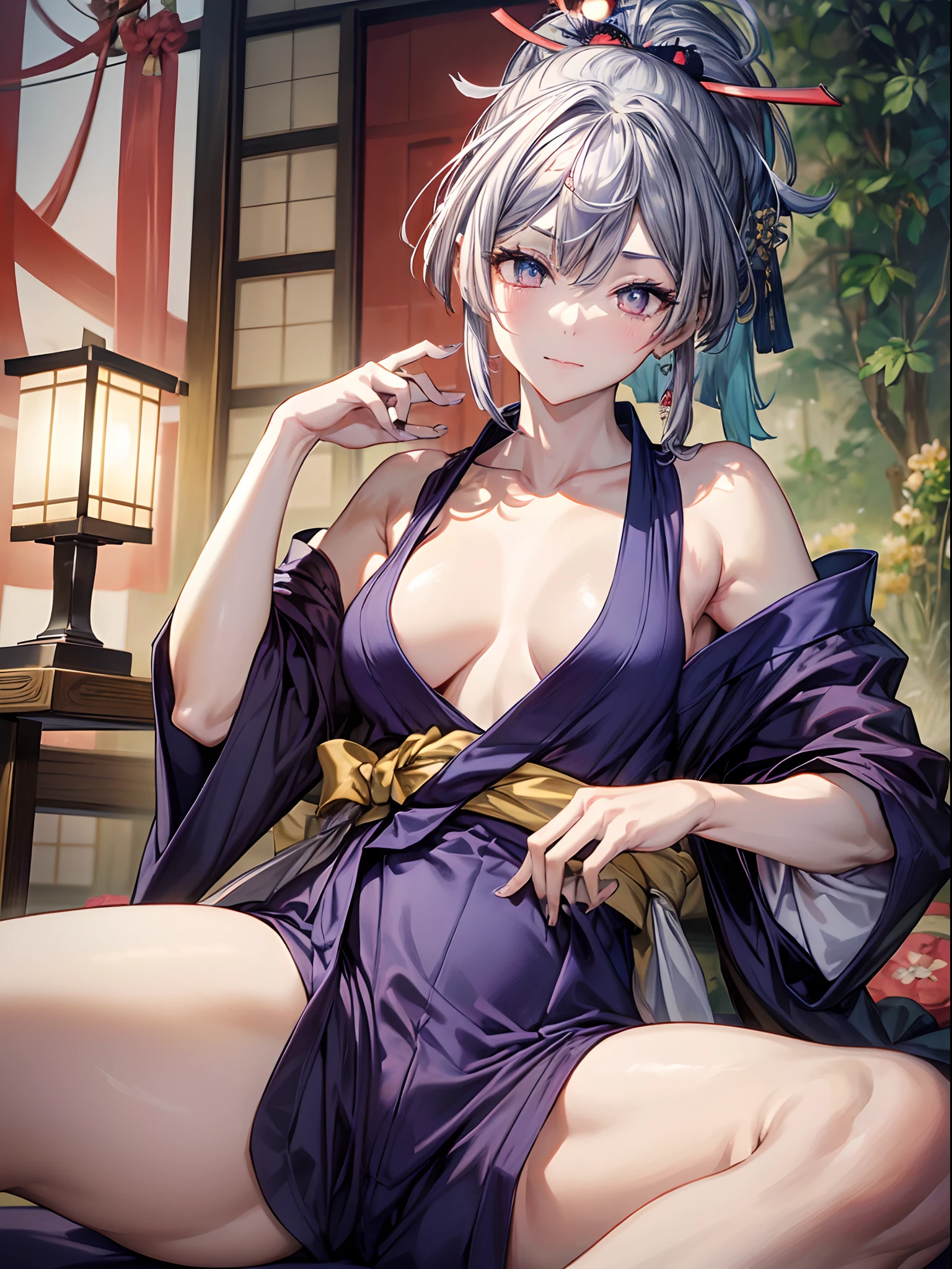 absurderes,(​masterpiece、top-quality、8K ),intricate detailes,ultra-detailliert、1 beautiful pale woman,Silver hair,Long ponytail,Mega Ponytail,long eyelashes,(Beautiful and detailed eyes),Glossy lips,(kimono,Shoulder out、Navel dashi、thighs thighs thighs thighs:1.3),(Sleeping on a futon:1.2),Tatami mats、Traditional Japan houses、Running lights、Hyper realistic,Perfect Anatomy