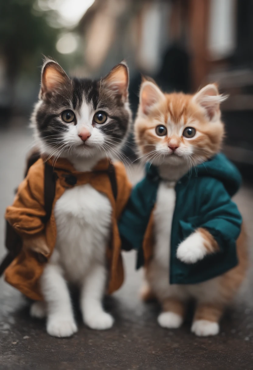 I have two kittens, a cute little cat, cute kittens, Cutest, Incredibly cute, Adorable and cute, And cute and lovely. They are walking down the street with backpacks, Walking together, commute, Proudly walk down the street, And the cat is walking. They are cute in the style of 🍂 and 🍁, Adorable and cute, Cute and adorable, oh, nice and cute. They are known as real-life Tom and Jerry.