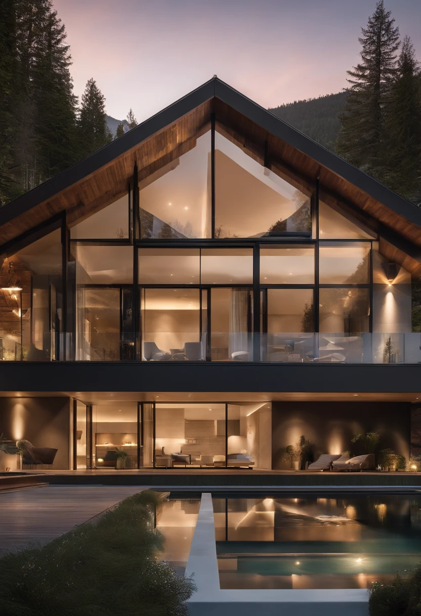 Une maison avec un sens de la technologie futuriste,3-storey building,Contre les montagnes,Face au lac,Immense piscine,Style architectural moderne, Photo hyperdétaillée,buliding,Complexe,Ombrage, HighDynamicRange,dinamic lighting, Fotorrealista, natural soft light, H faible, tmasterpiece, 8k detailed,There's a lot of detail,Oversized floor-to-ceiling glass,A combination of technology and natural environment,A un look super cool,