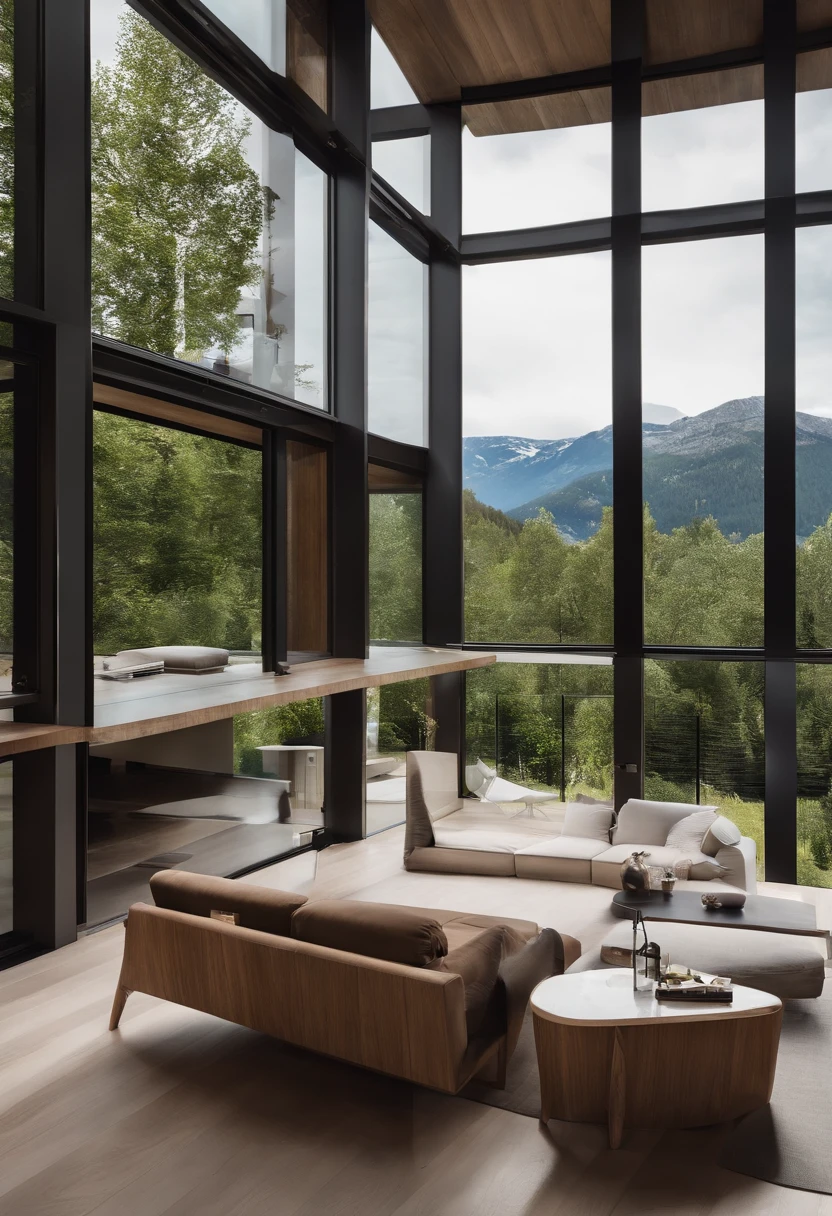 Une maison avec un sens de la technologie futuriste,3-storey building,Contre les montagnes,Face au lac,Immense piscine,Style architectural moderne, Photo hyperdétaillée,buliding,Complexe,Ombrage, HighDynamicRange,dinamic lighting, Fotorrealista, natural soft light, H faible, tmasterpiece, 8k detailed,There's a lot of detail,Oversized floor-to-ceiling glass,A combination of technology and natural environment,A un look super cool,
