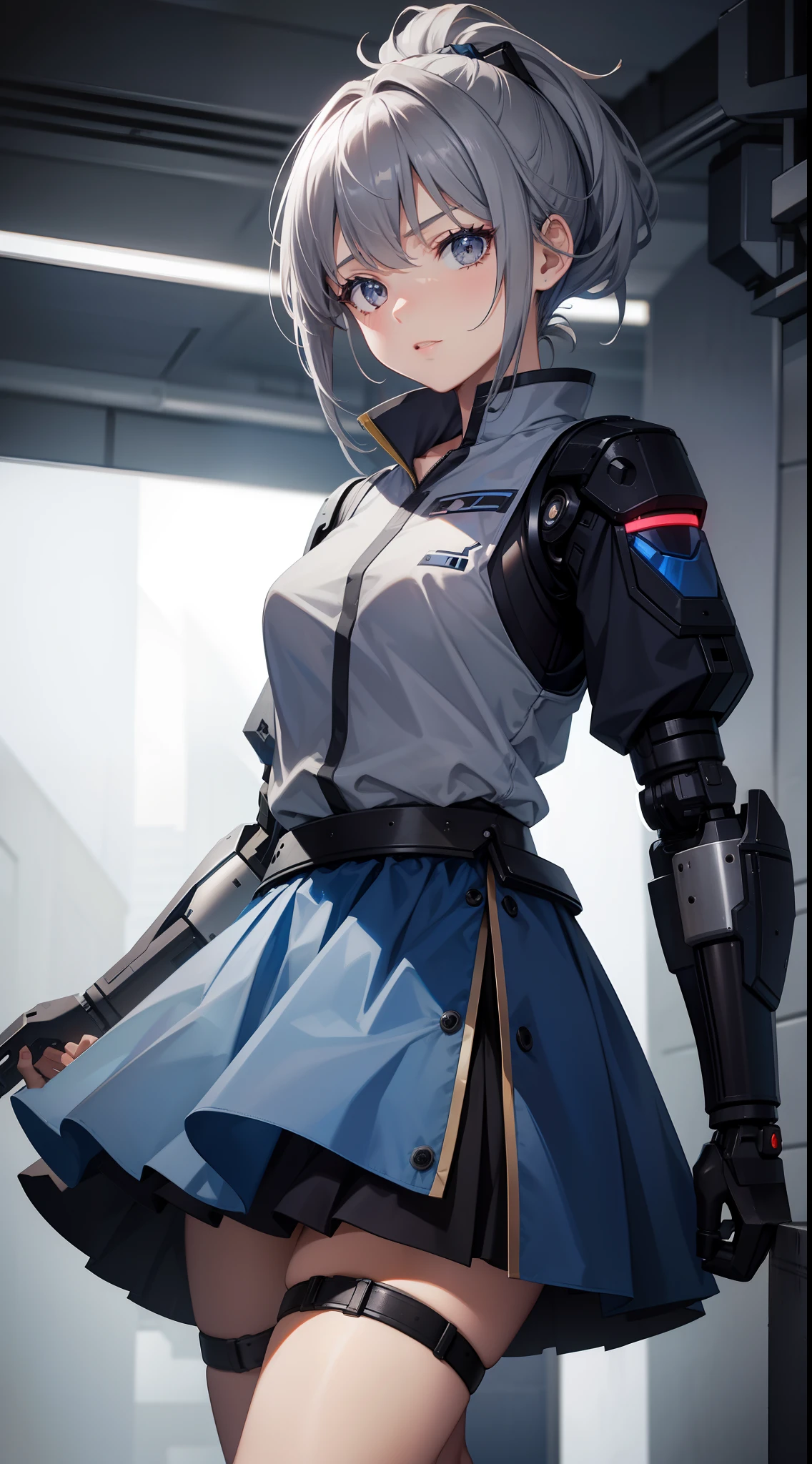 young girl, short gray hair, high ponytail, gray eyes, blue battle shirt, skirt, robot behind, guns, Masterpiece, hiquality, 4k, HD, Good detail