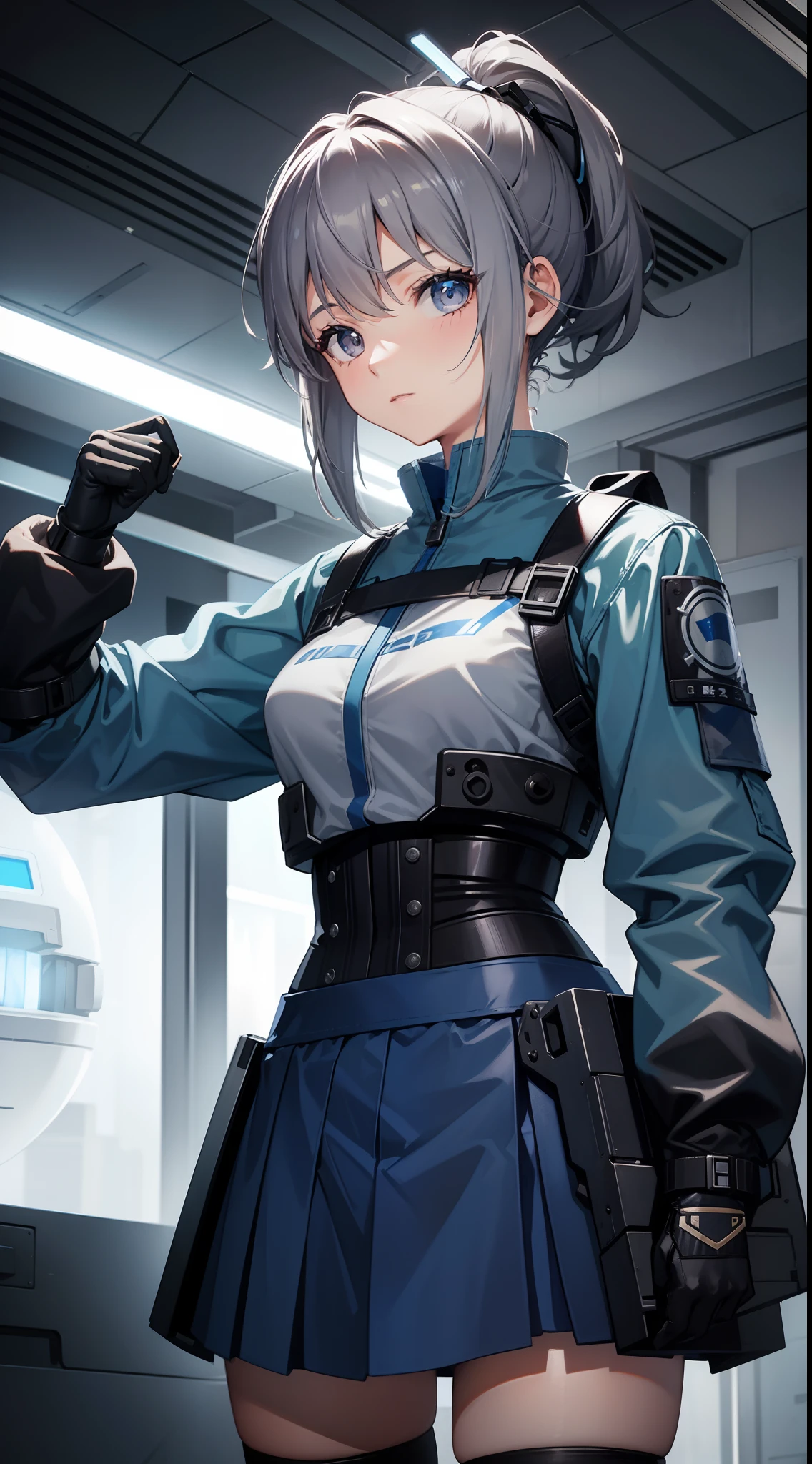 young girl, short gray hair, high ponytail, gray eyes, blue battle shirt, skirt, robot behind, guns, Masterpiece, hiquality, 4k, HD, Good detail