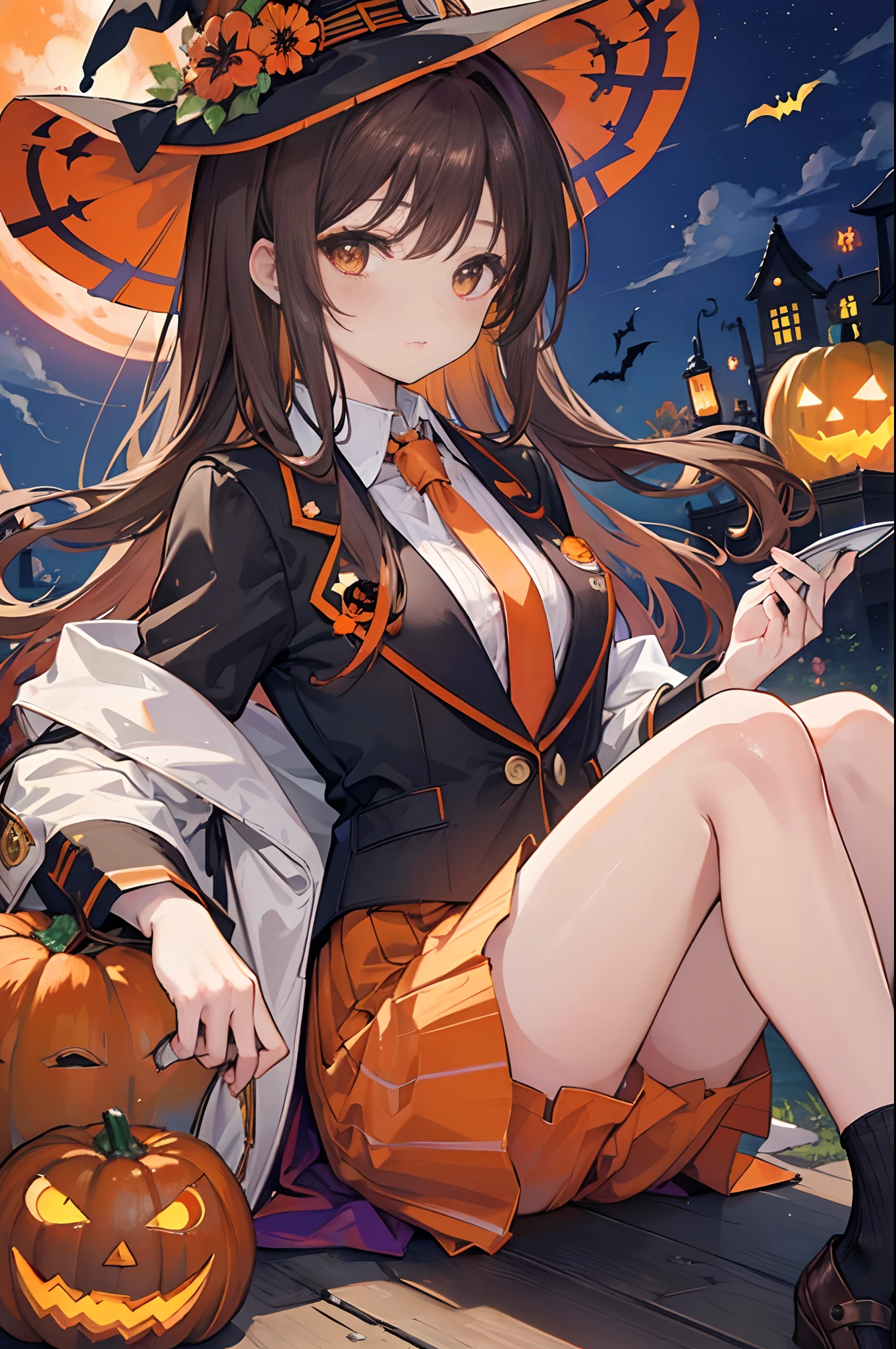 (Masterpiece), (High resolution), (vivid colors 1.2), 4k anime style, 4k Best quality, one person, (soft smile), (friendly), (brown hair), (messy hair), black and orange suit, orange skirt, (with ties), (legging), (halloween), (Halloween Moon Witch Hat), (fancy), (Jack-O-Lantern), looking at viewer, (Tokyo city), (nighttime), (full moon), ((on a journey)), ((close up view))