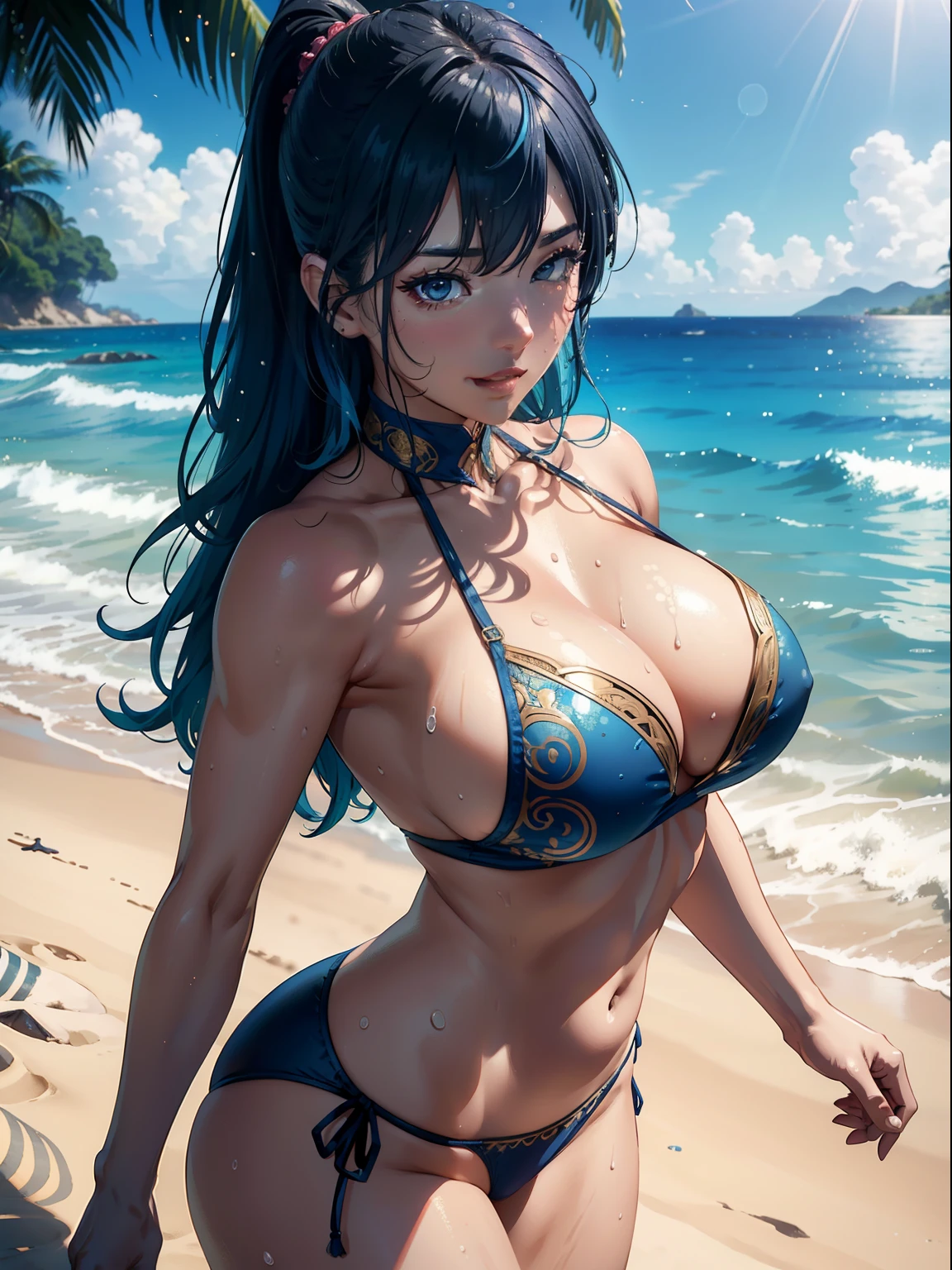 Solo,(Imminent chest) sweating body,maikurobikini,(Drenched panties), ,((de pele branca)),trending on artstationh, Intricate details, Highly detailed,, intricate face details,Curvaceous physique, thick body,swimming pools，Beach、Vibrant, 4K, Intricate details, big breasts enchanting, Professional Manufacturing,  12K resolution,(Seductive smile),blue hairs