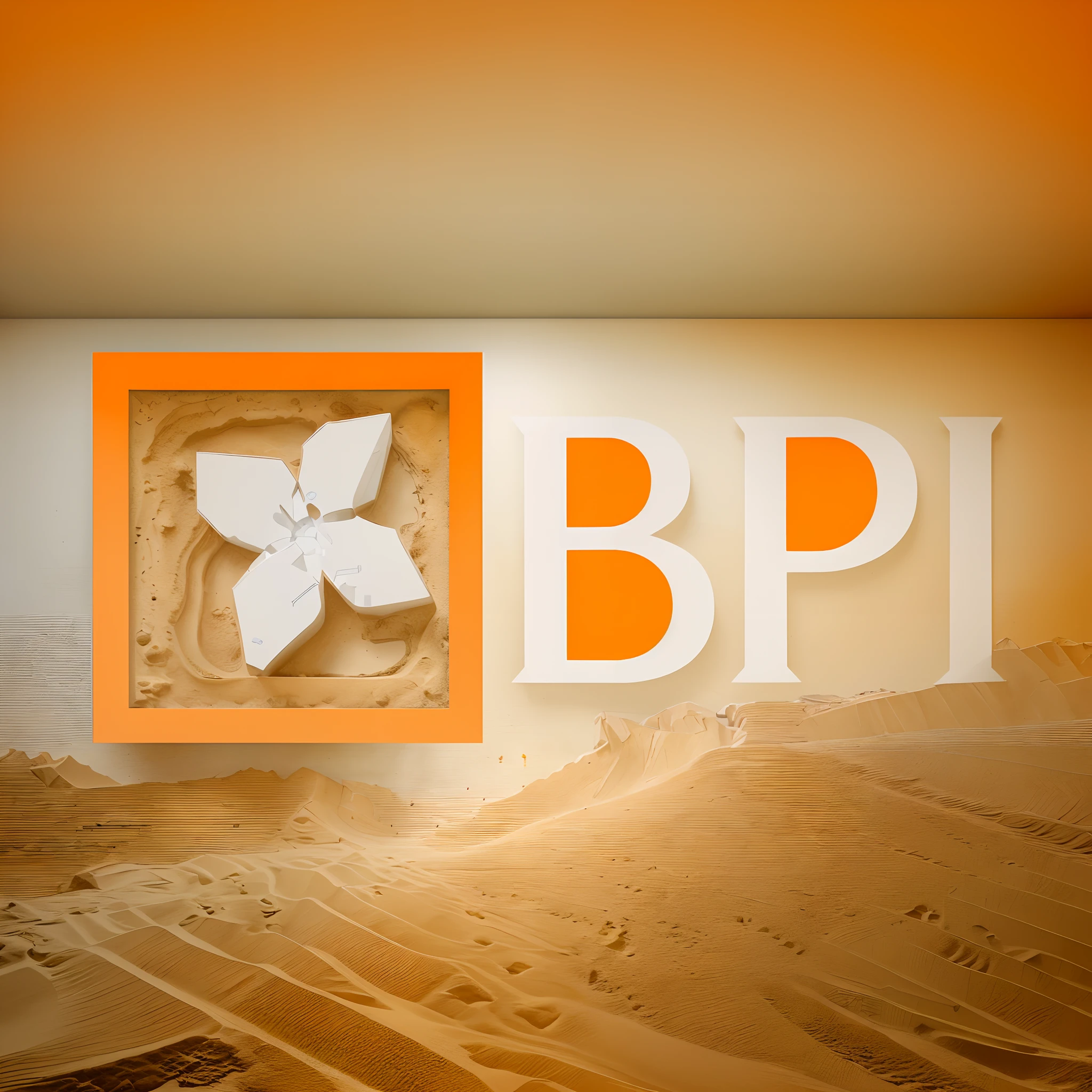 illustration in two colors white/orange interior view of a very large stock exchange operations room inside a sandbox, the BPI logo must be visible