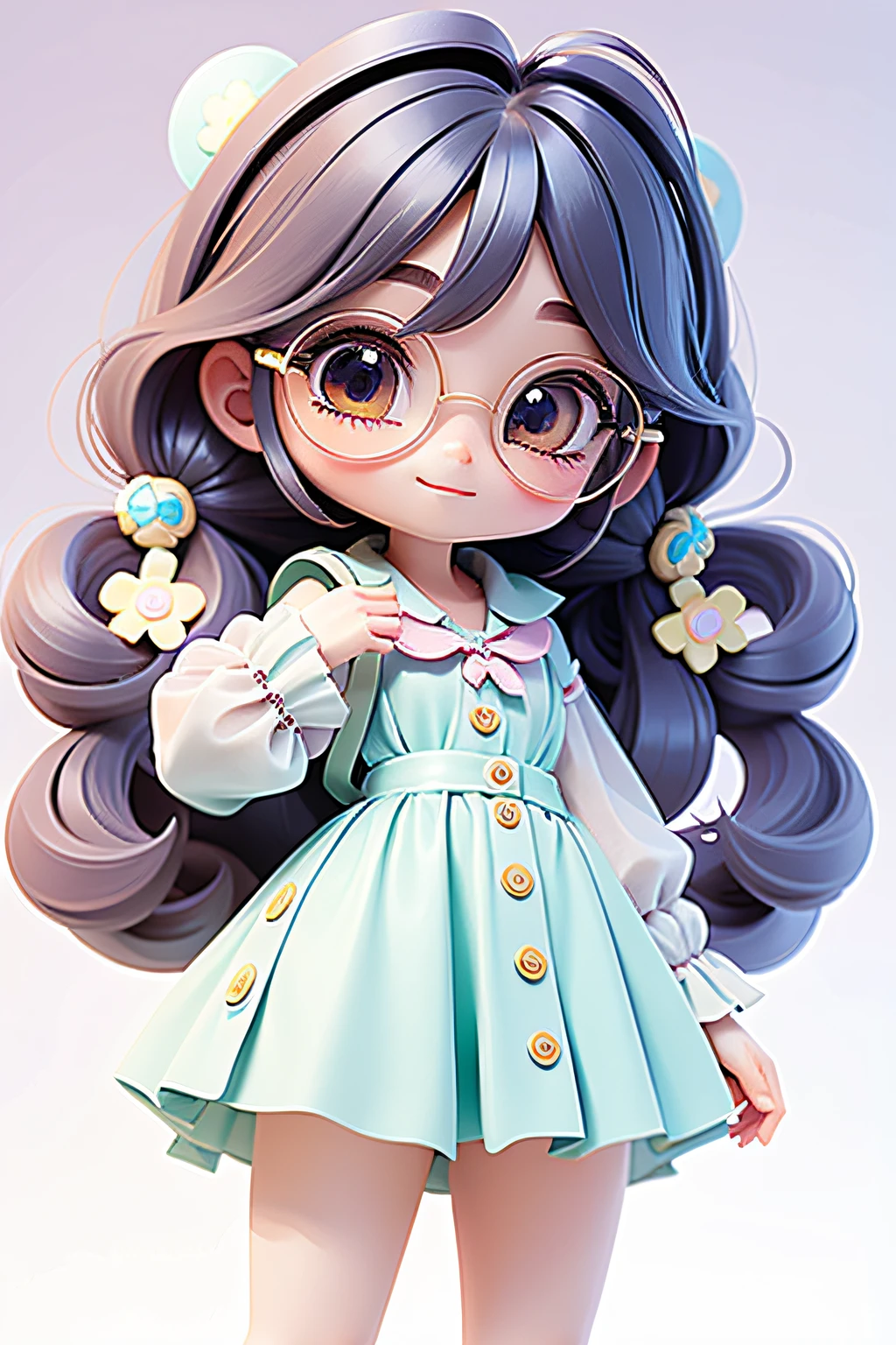 Loli cute girl, hair stuck, Loose hair, Modern accessories , eye glass, A detailed eye, detailed smile, Detaileddetails, holograph, Clear and simple background