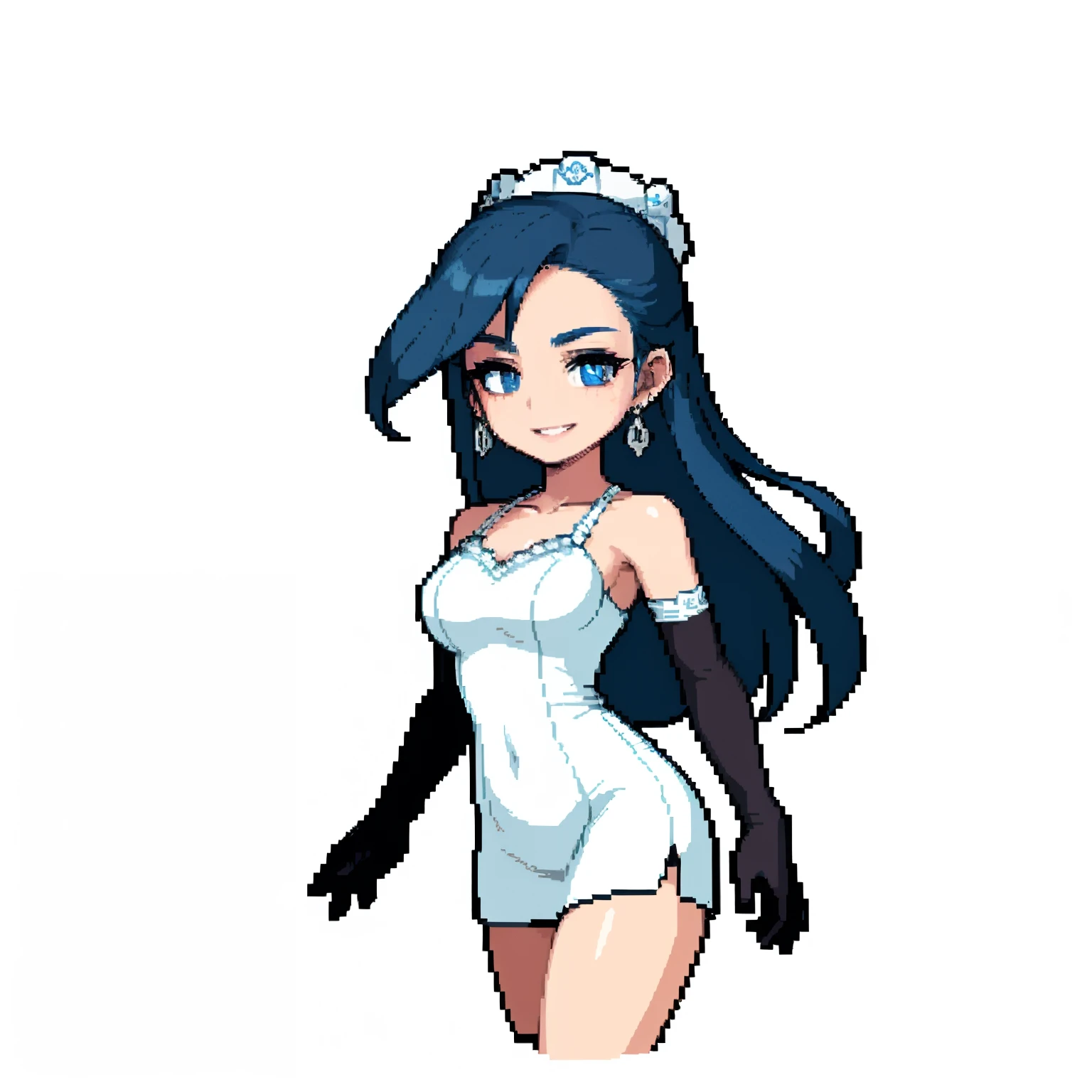 korean,realistic, masterpiece, final detail, photo realistic, intricate detail, octane rendering, 8K, 1Girl, full bodyperfect face, beautiful face, NSWF, trough reference, detail hair,, black bow, black gloves, black legs, blue eyes, blue hair, bow, collarbone, dress, drill hair, ruffles, ruffles, gloves, gwen, headdress, highres, long hair, parted lips, puffy sleeves, purple eyes, smile, solo, white dress, oil skin,