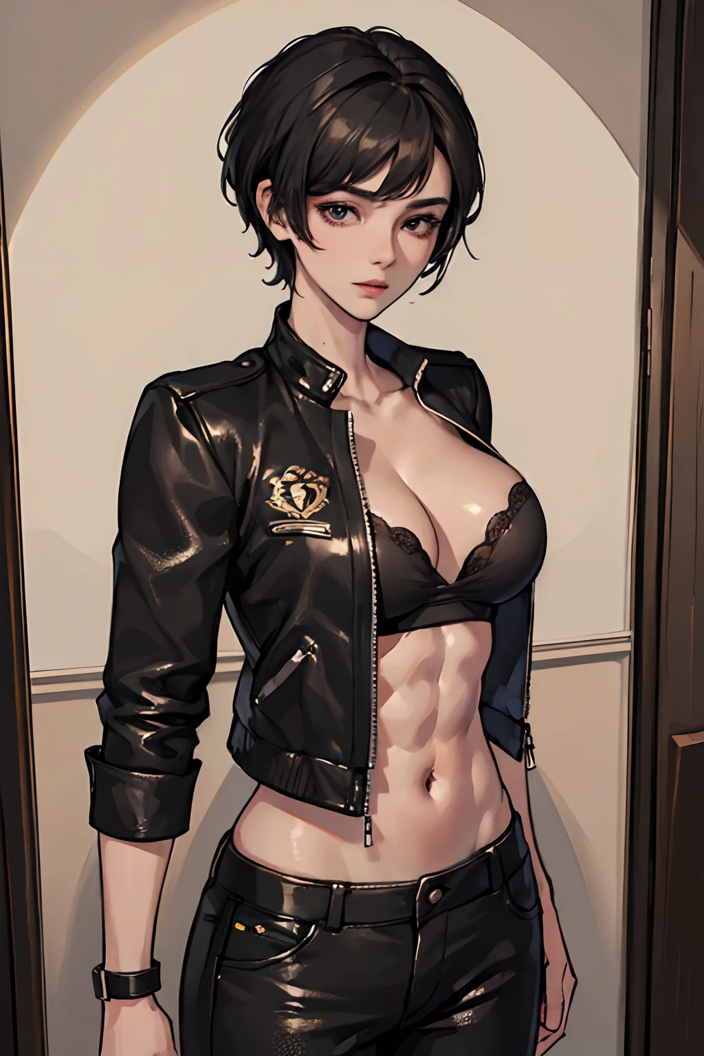 (Masterpiece, high quality, best quality, official art, 1 women, black short hair, handsome face, crop jacket, black short, medium breast, six packs, muscular body