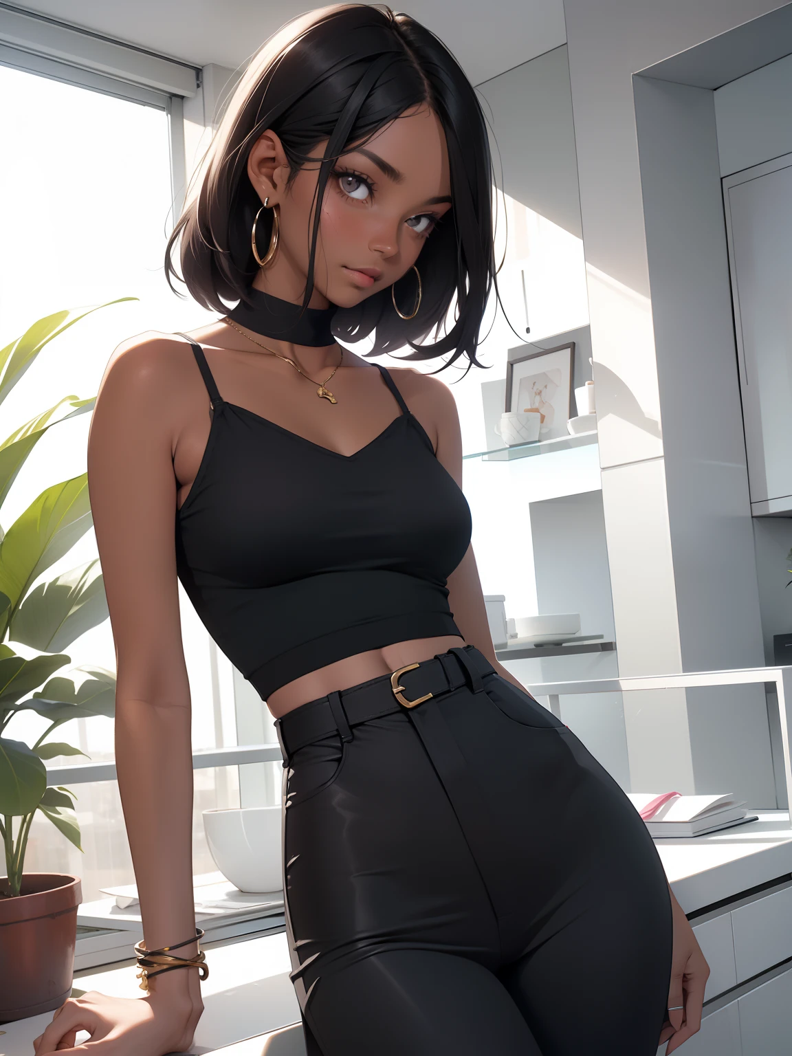 maquiagem, mascara,(( dark skin)), Lips are soft or colored, fundo preto simples, minimalismo, monotone, paletas de cores simples, limpo, Projetos afiados, silhuetas fluidas, skirts and tight pants, high-waisted skirts and pants, vestidos simples, camisas e blusas, assymetrical, geometric, Materiais e designs elegantes e luxuosos, simples, Minimal accessories, Necklaces and thin rings in silver or gold, Pulseiras simples, Designs diferenciados, silhuetas simples, estilo simples e sofisticado, elegence, minimalismo, materiais de alta qualidade, Fresh printing , alta moda, Simplicity and sophistication, sentado