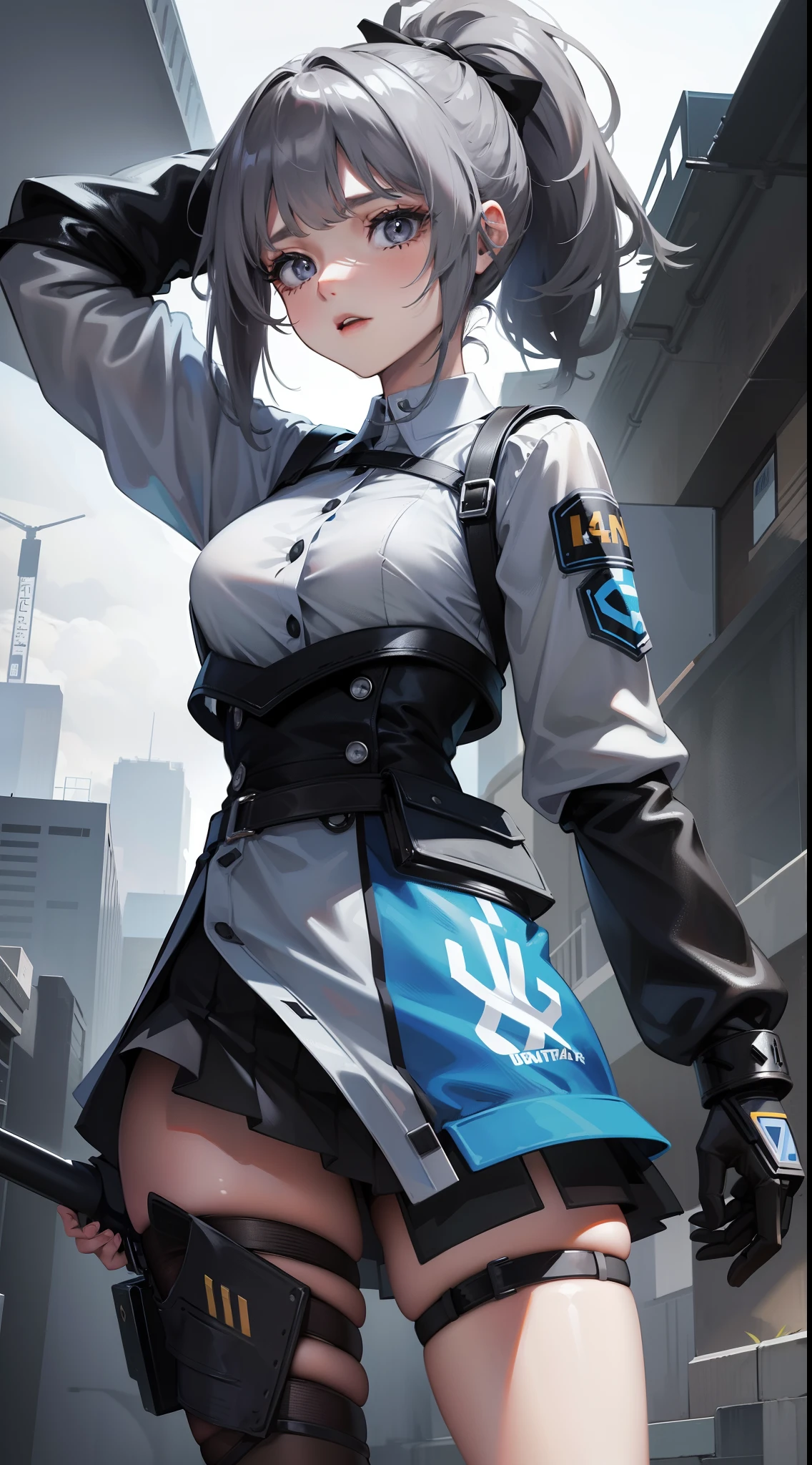 young girl, short gray hair, high ponytail, gray eyes, Blue Battle Shirt, upskirt, robot behind, arma, Masterpiece, hiquality, 4k, HD, Good detail