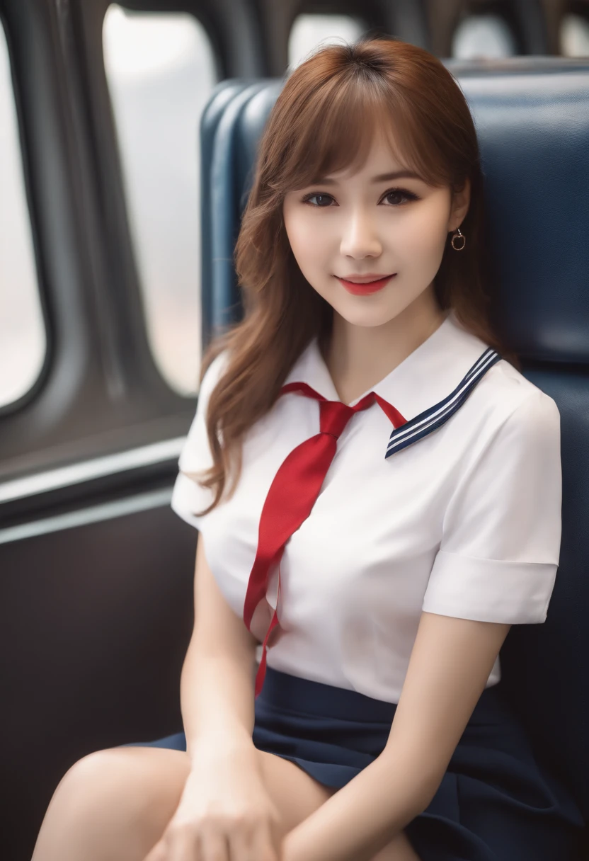 top-quality,ultra-detailliert,​masterpiece,realisitic,Photo Real,Bright lighting,1 girl in, Very beautiful 25 year old girl, (kawaii:1.2),Thin smile, (Brown eyes),(brown haired),(bangss),perfect glossy skin,flawless skin,((erotick,Sexy and sexually explicit)),((accurate hands without incongruity)), large full breasts,big breasts thin waist, Look at viewers,((a sailor suit)),((Short sleeve uniform white shirt)),(red necktie),(Blue Mini Pleated Skirt),(((skirt lift by yourself))),(lifted by self),(Showing panties),panties on,panties focus,((Sit up,spread legswide)), sockes, (Black knee socks),(Loafer shoes), during daytime,On the train,Horizontal long seat with your back to the window