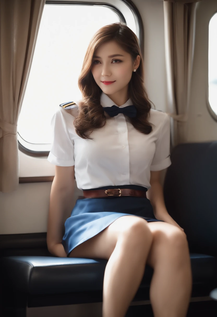 top-quality,ultra-detailliert,masterpiece,realisitic,Photo Real,Bright lighting,1 girl in, Very beautiful 25 year old girl, (kawaii:1.2),Thin smile, (Brown eyes),(brown haired),(bangss),perfect glossy skin,flawless skin,((erotick,Sexy and sexually explicit)),((accurate hands without incongruity)), large full breasts,big breasts thin waist, Look at viewers,((a sailor suit)),((Short sleeve uniform white shirt)),(red necktie),(Blue Mini Pleated Skirt),(((skirt lift by yourself))),(lifted by self),(Showing panties),panties on,panties focus,((Sit up,spread legswide)), sockes, (Black knee socks),(Loafer shoes), during daytime,On the train,Horizontal long seat with your back to the window