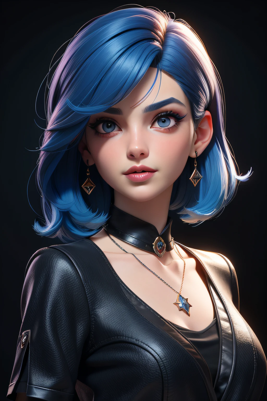 masterpiece, best quality, 3d rip artwork, 3DMM style, close up, portrait, 3D, 1girl, solo, blue hair, brunette hair, necklace, jewelry, bicolor hair, looking to the side, reality, upper body, simple background, bangs, gaze away, short hair, parted lips, dark eyes, lips, gothic, necklace, makeup, mole, black shirt, shirt, watermark