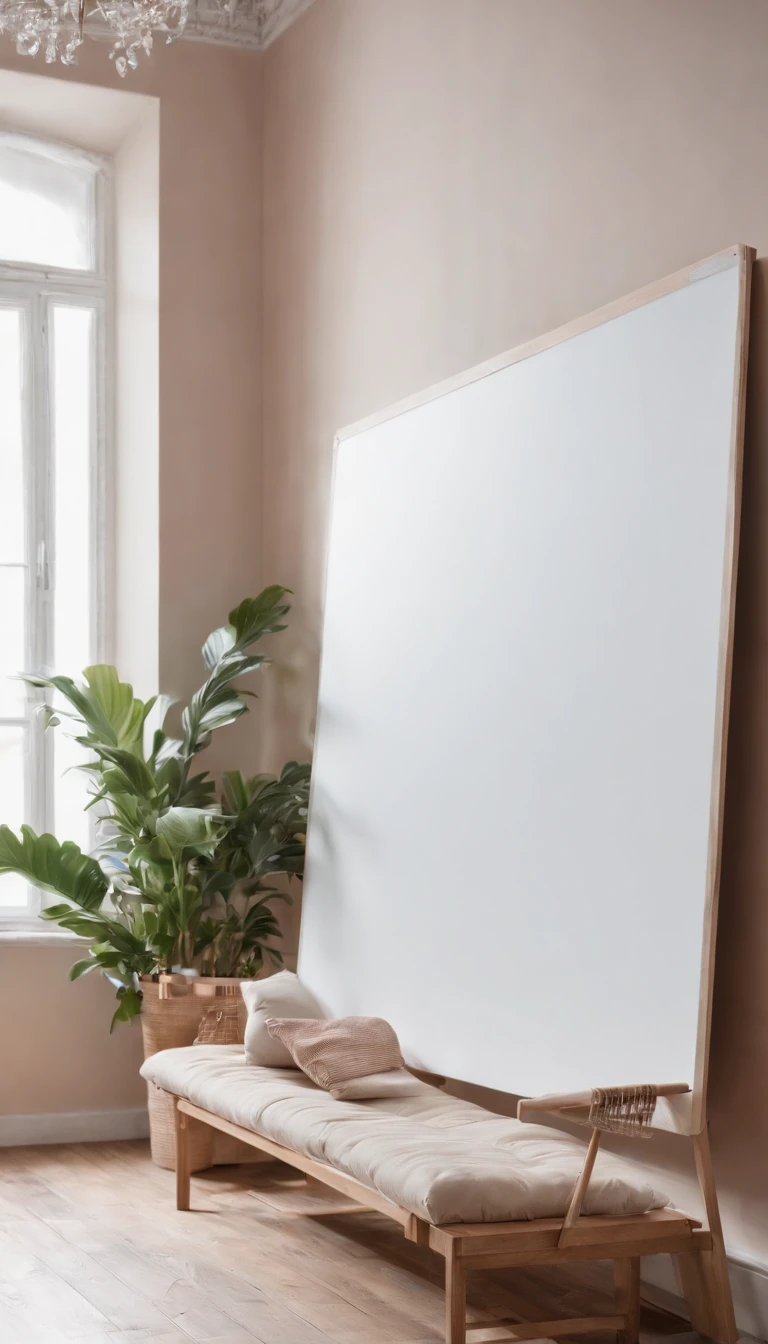 Uma sala com paredes brancas e altas , just plain with a big whiteboard with a glass protection, That sits on the red sofa, On each side of the sofa there are two simple plants, the floor is in light wood, Decorative accessories are few in light beige and red tones, The room is bright and bright.
