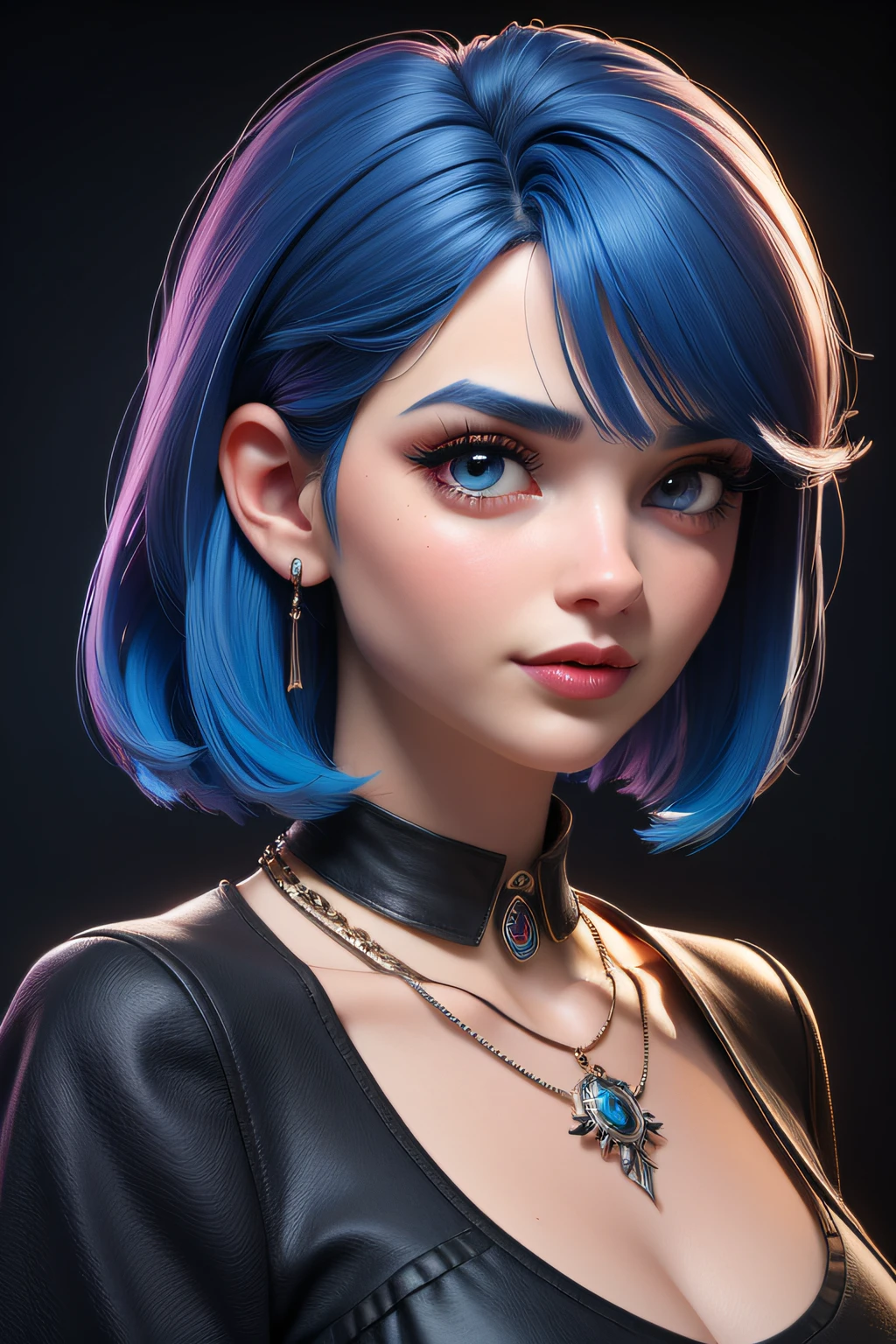 masterpiece, best quality, 3d rip artwork, 3DMM style, close up, portrait, 3D, 1girl, solo, blue hair, brunette hair, necklace, jewelry, bicolor hair, looking to the side, reality, upper body, simple background, bangs, gaze away, short hair, parted lips, dark eyes, lips, gothic, necklace, makeup, mole, black shirt, shirt, watermark