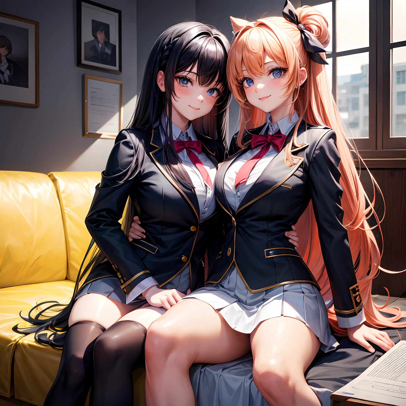 The final Stable Diffusion prompt is as follows:
a beauty girl, cute black blazer,cute ribbon on the uniform,adorable smile, anime girl,exceeding exquisite quality,big breasts,multi-colored hair masterpiece, stunning appearance, long hair,erokawaii,ultra-high resolution,beautiful girl,lovely girl,loose socks,perfect beauty,HD image quality,8K