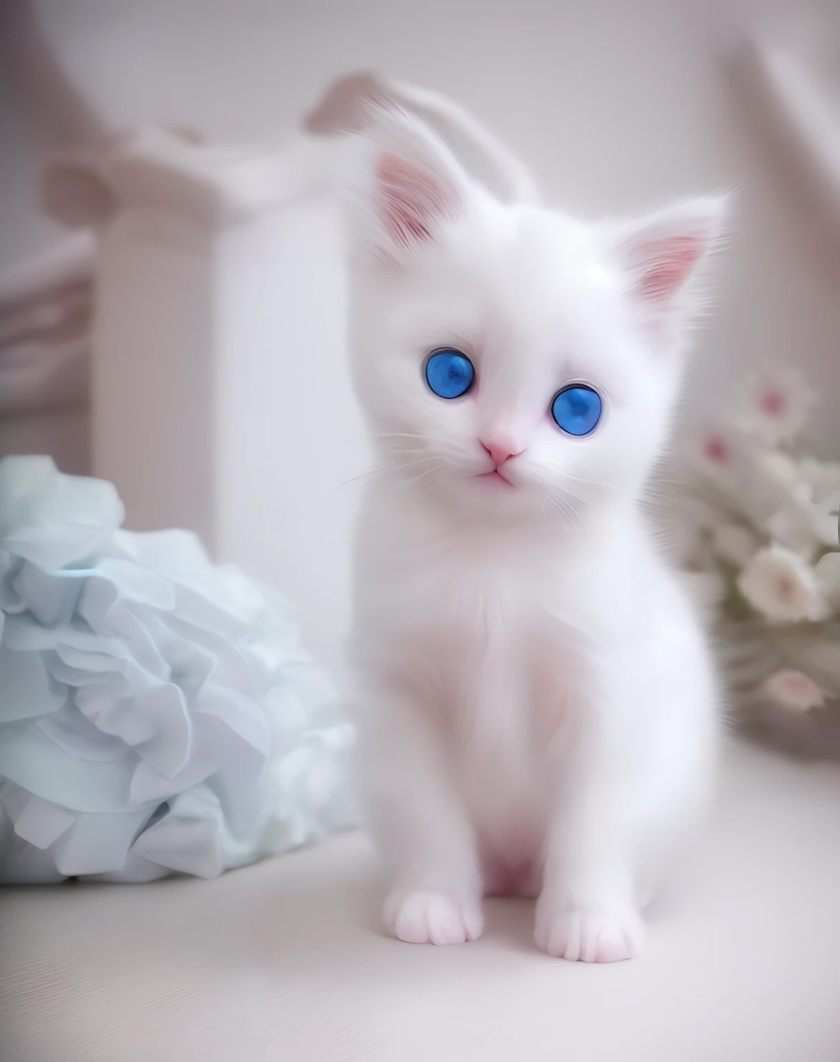 (a cute little cat,Delicate white hair,Hang a bell around your neck,Silver-blue eyes,finely quality eyes,White curtain background,Early morning sun,Close-up,depth of fields,The head is on the right side)